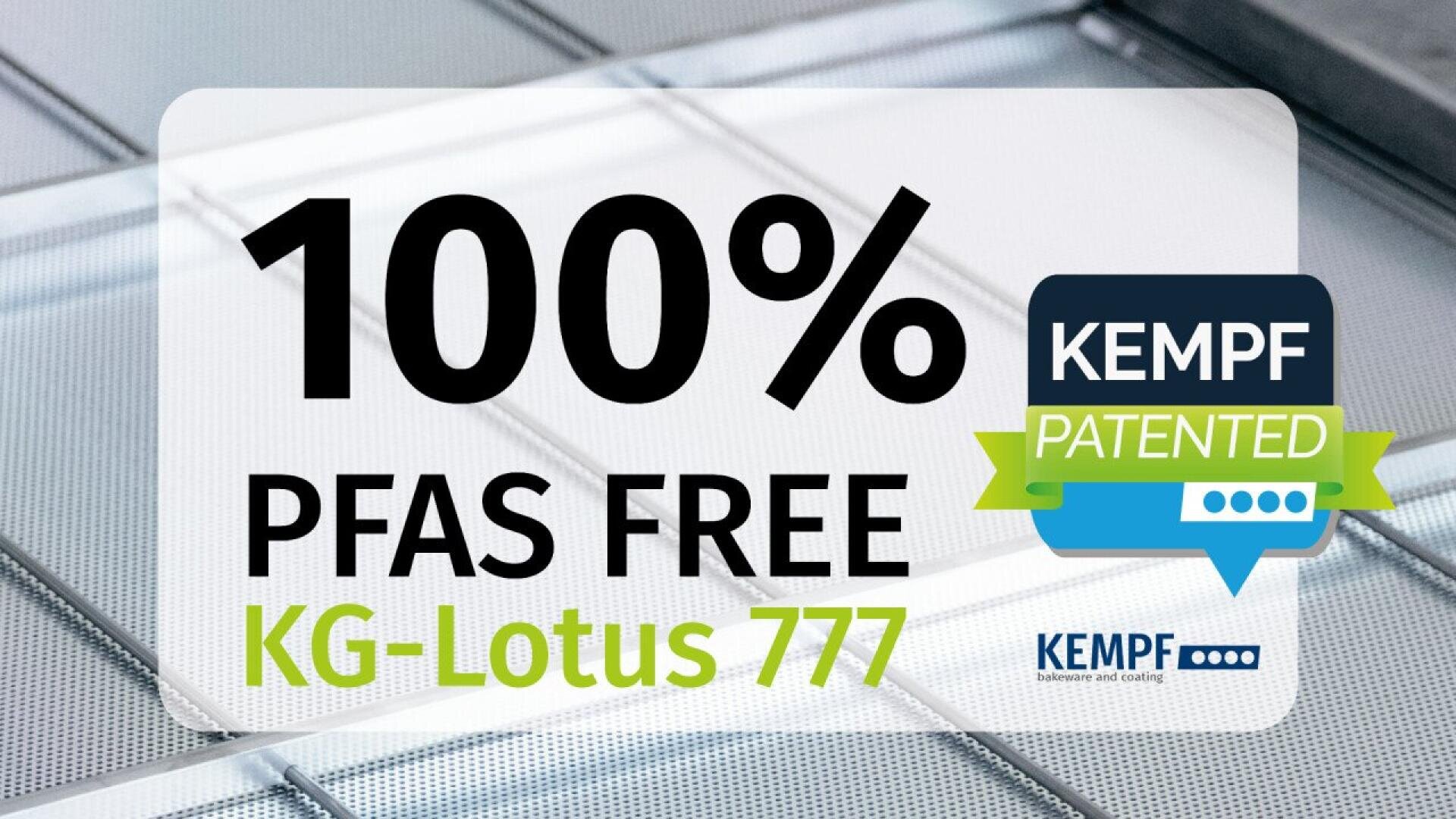 Sign reading 100% PFAS FREE KG-Lotus 777 and KEMPF PATENTED, with the KEMPF logo, over a close-up background of a metallic or industrial surface.