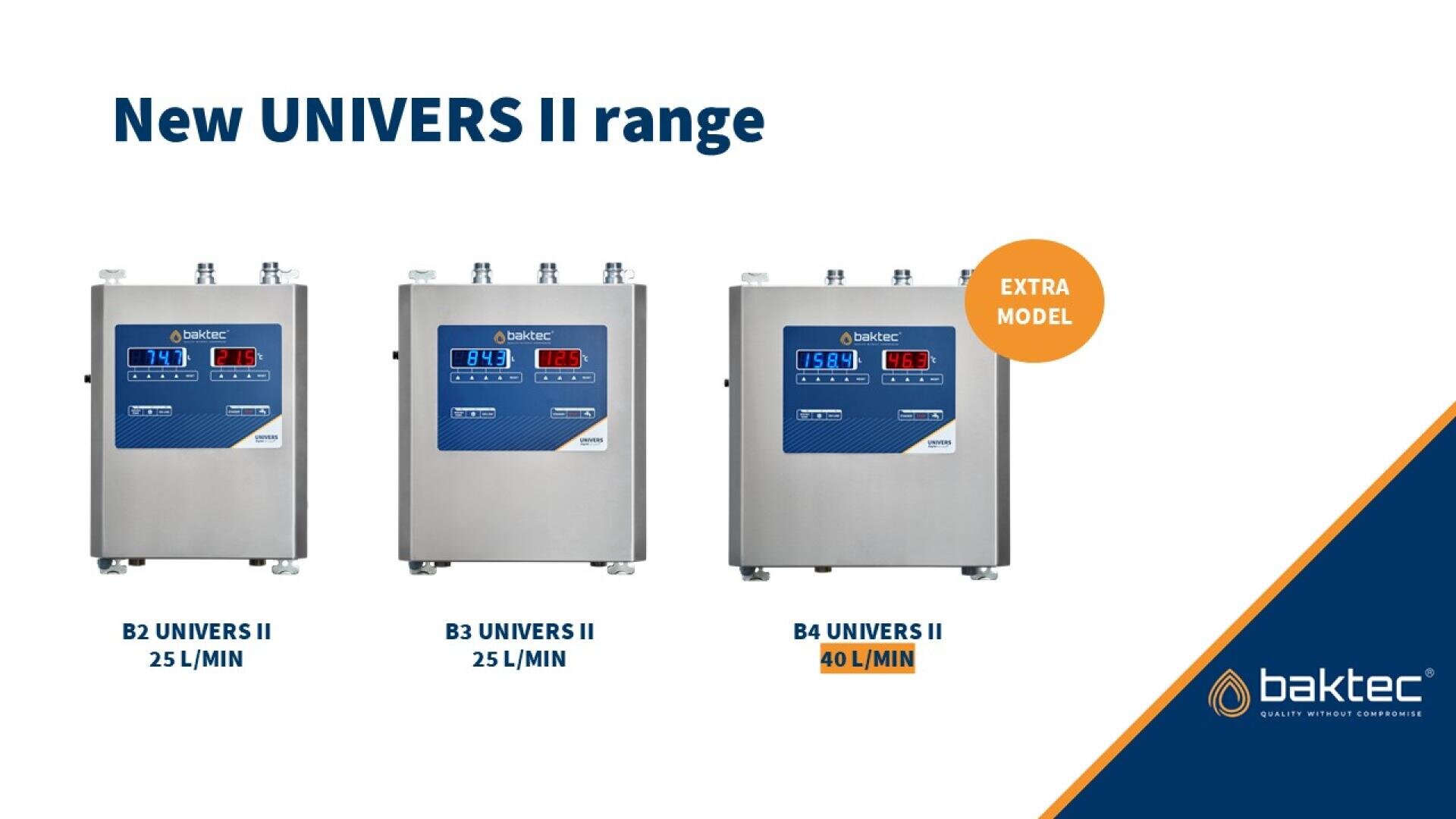 Three stainless steel Baktec UNIVERS II water dosing machines are shown side by side, labeled B2 (25 L/min), B3 (25 L/min), and B4 (40 L/min). The B4 is highlighted as an extra model. Baktec logo appears at bottom right.