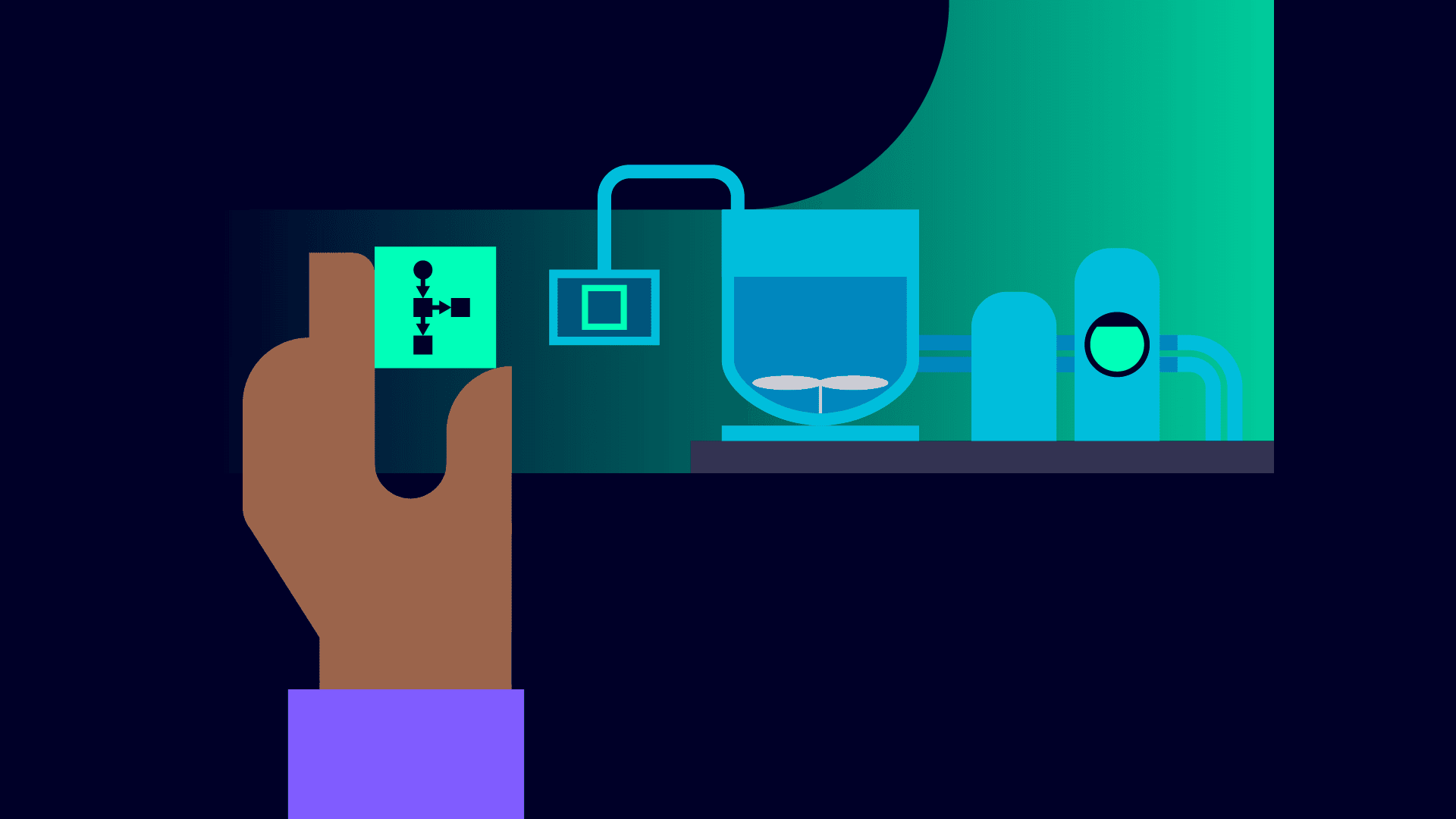 Eine Hand hält einen kleinen Mikrochip vor einem Laboraufbau mit einem Glas Flüssigkeit, das durch Schläuche mit zwei zylindrischen Geräten verbunden ist, was auf einen wissenschaftlichen oder technologischen Prozess hindeutet.