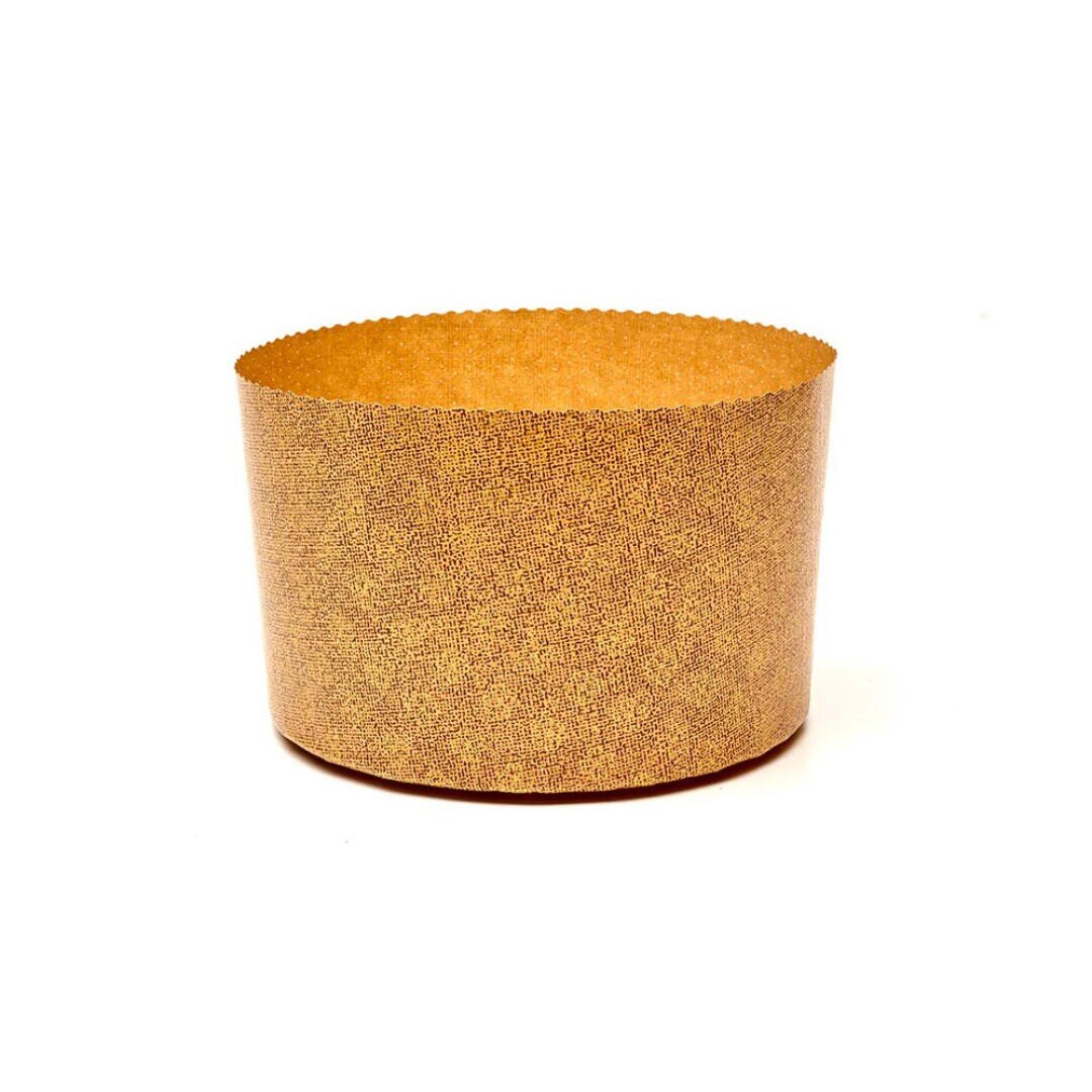 A round, tall, brown paper baking mold with a textured pattern, designed for baking items like panettone, placed on a white background.