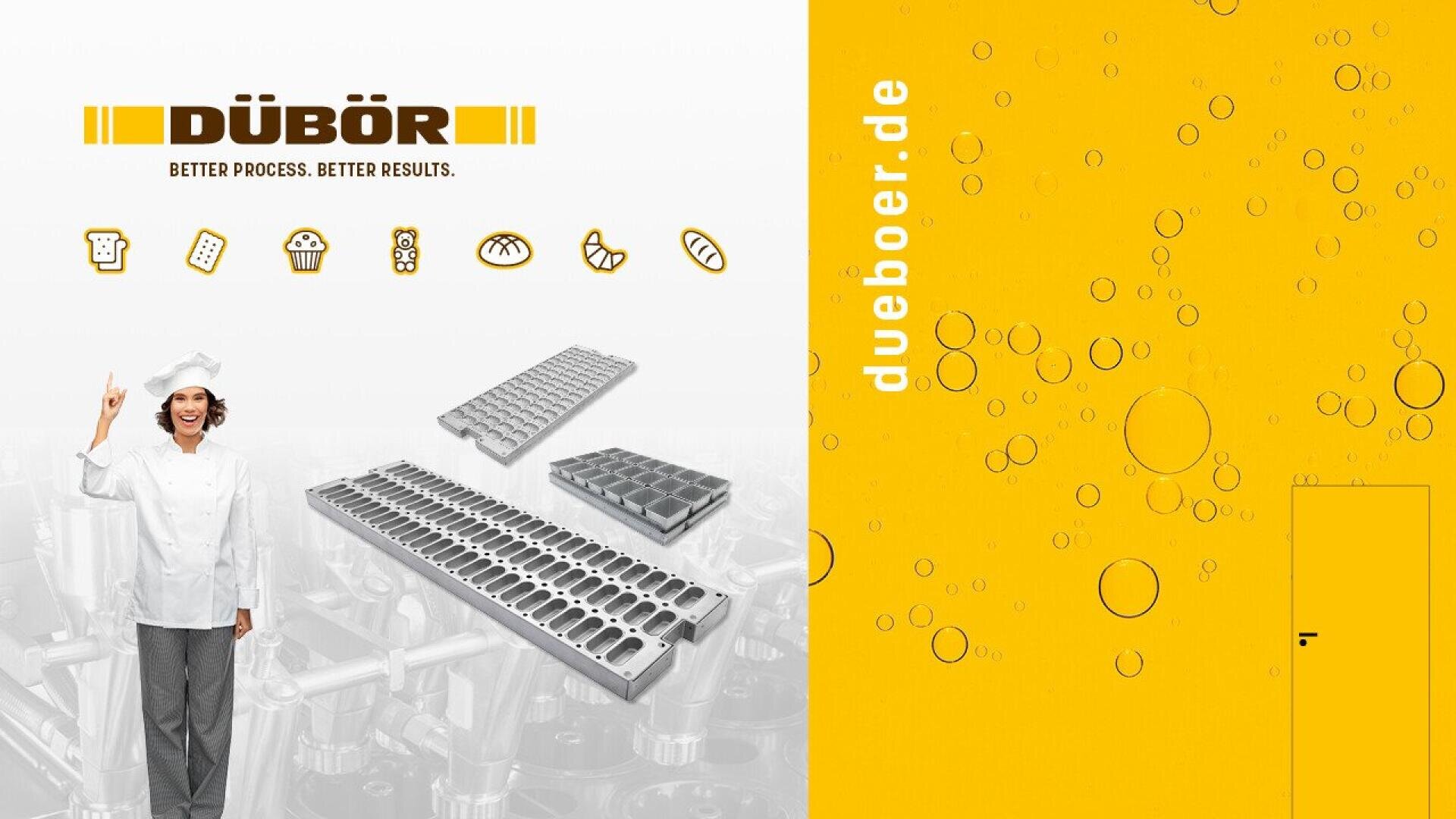 A smiling chef in white uniform points upward next to bakery trays and icons of baked goods. The left side has the DÜBÖR logo and slogan, and the right is yellow with bubbles and the text “dueboer.de.”.