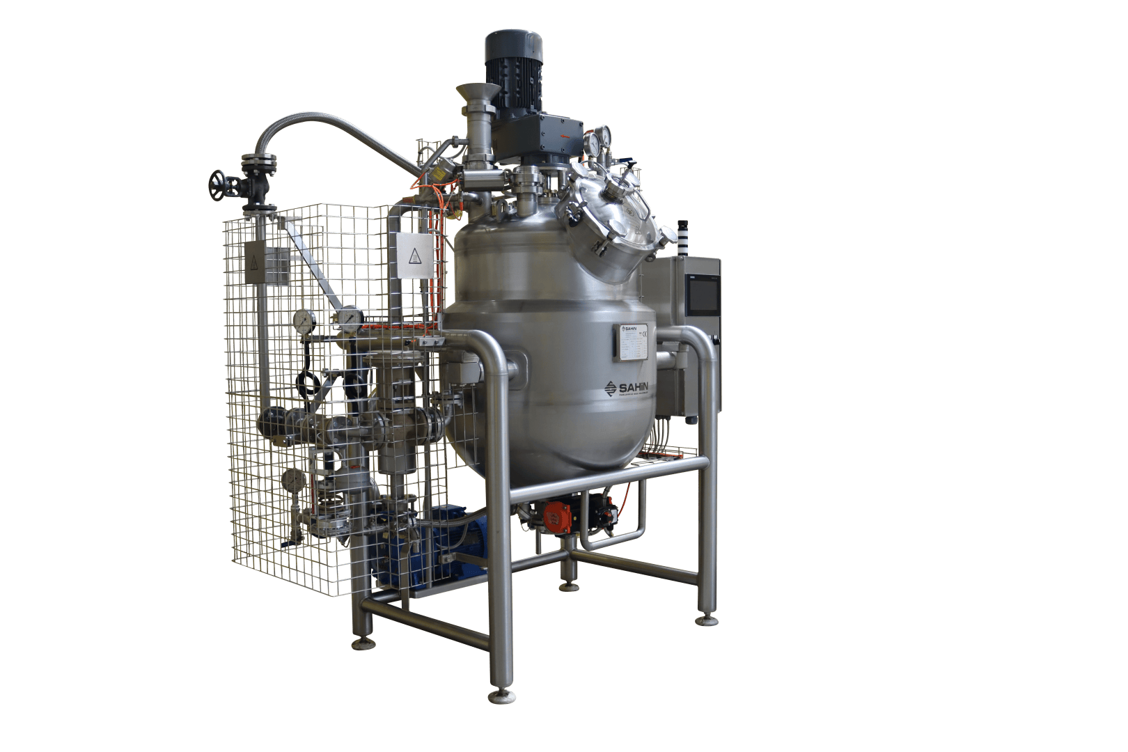 A stainless steel industrial mixing tank with various pipes, valves, gauges, and a control panel. The tank has a large circular lid on top and is supported by a metal frame.