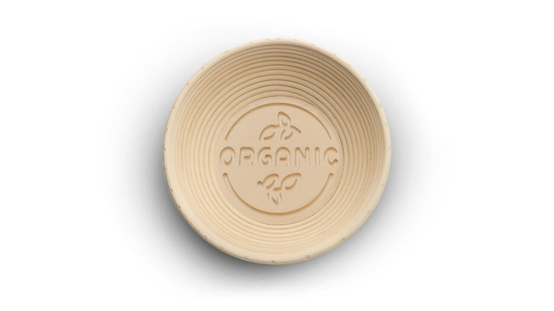 A round, beige basket with ribbed sides and the word ORGANIC embossed in the center, surrounded by leaf designs. The basket is photographed from above on a white background.
