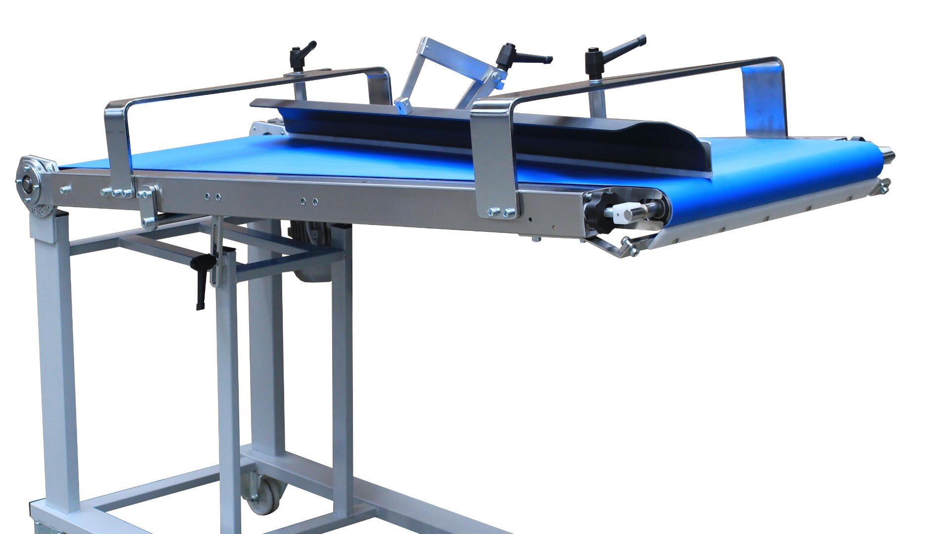 A blue industrial conveyor belt machine with adjustable metal guides and a metal frame, designed for transporting or sorting items in a manufacturing or processing setting.