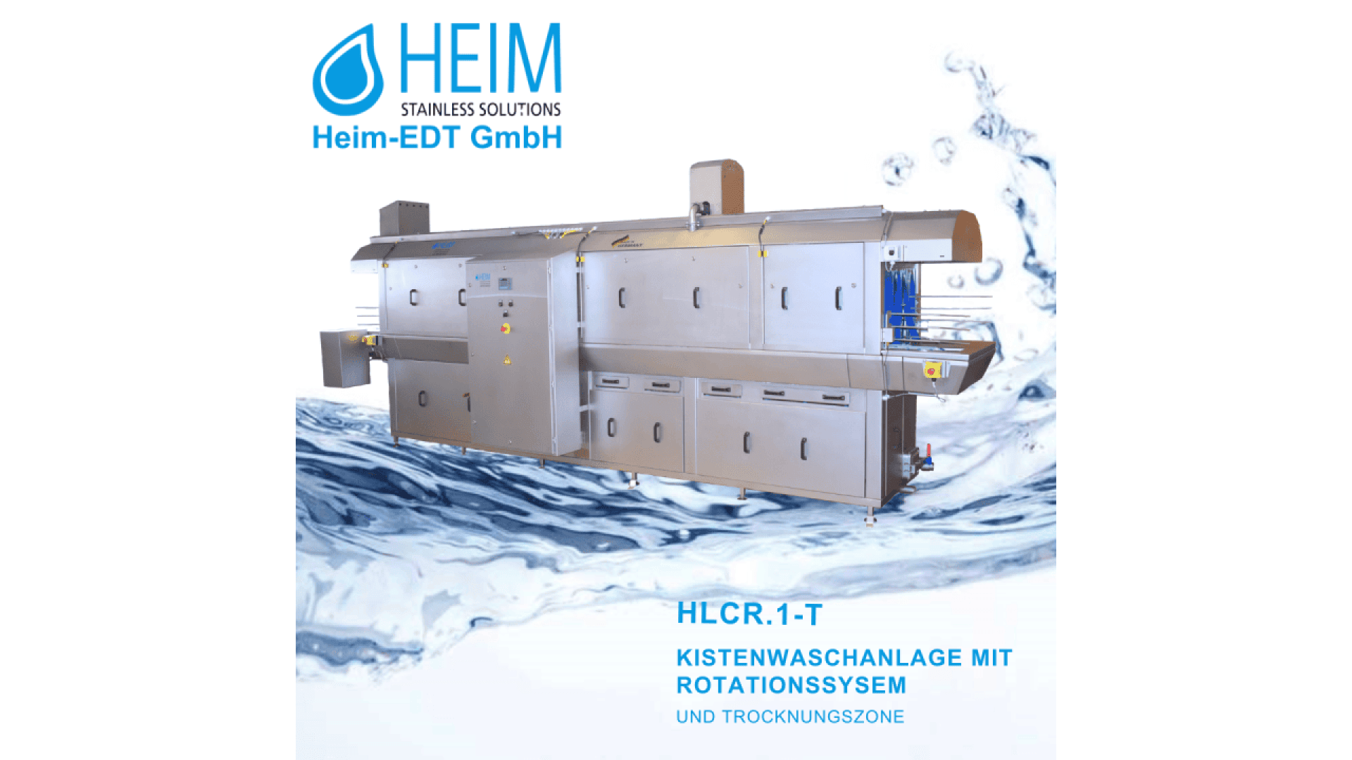Industrial stainless steel washing machine with blue HEIM Stainless Solutions logo above. German text below reads HLCR.1-T Kistenwaschanlage mit Rotationssystem und Trocknungszone on a white and blue background.