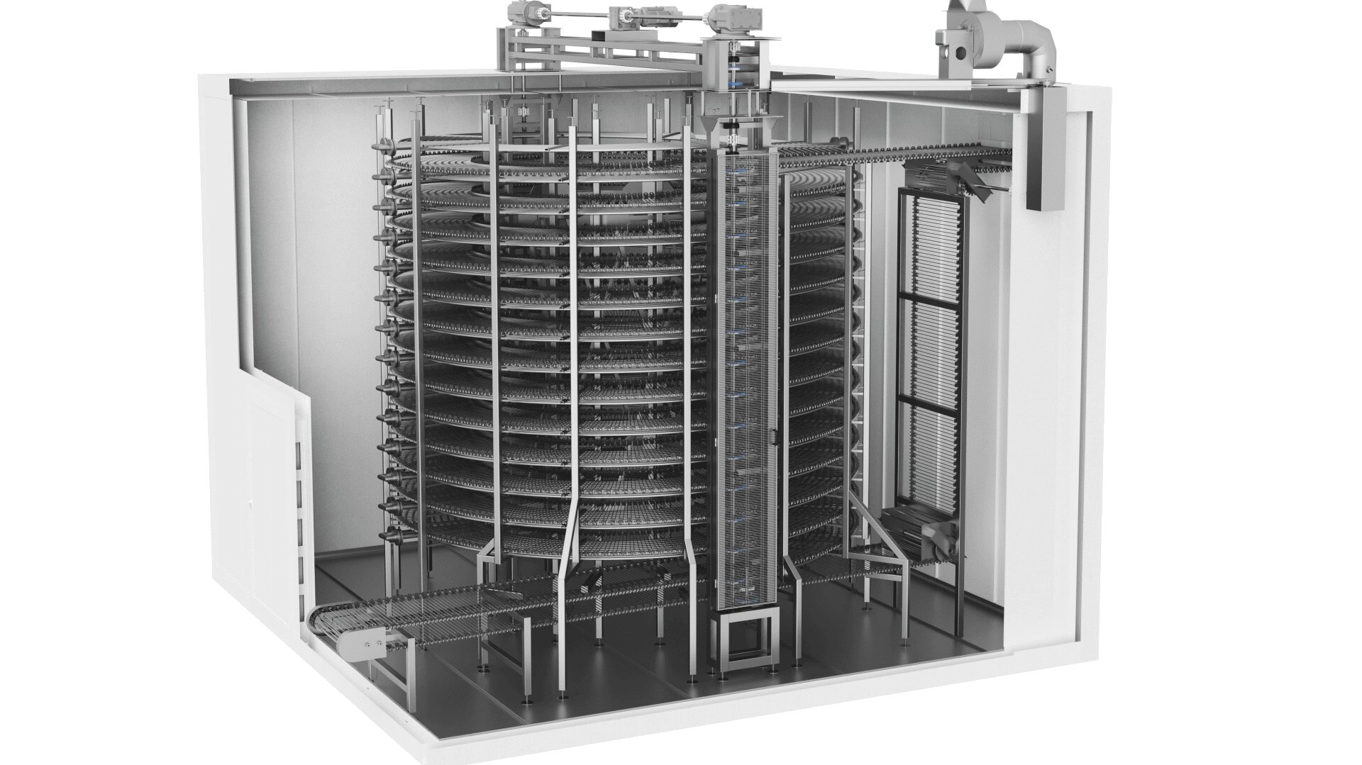 A cutaway view of an industrial spiral freezer shows a large, multi-level conveyor system for cooling or freezing products, housed within a rectangular insulated enclosure with visible machinery and ductwork.