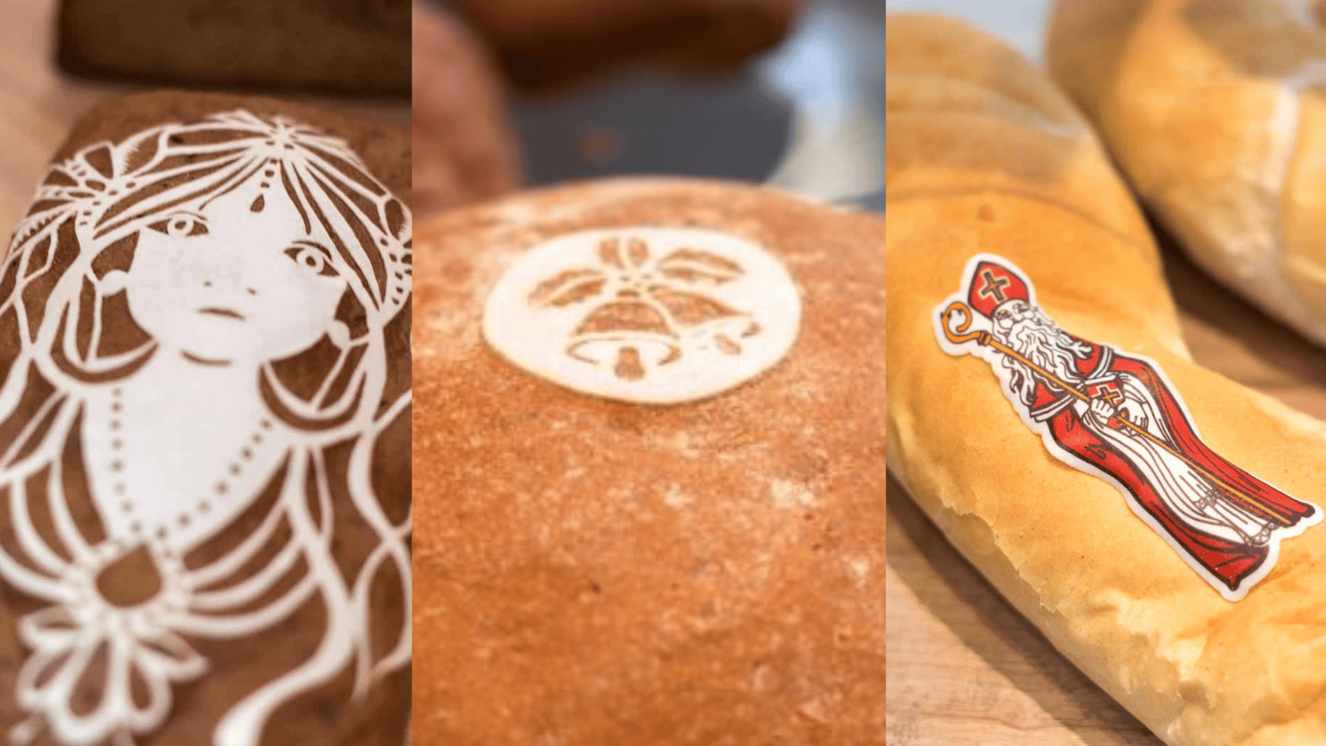 Three breads: one with an intricate white icing design of a womans face and hair, one with a white stencil of a plant or emblem, and one with a colorful sticker of a bearded man in red robes and a bishop’s hat.