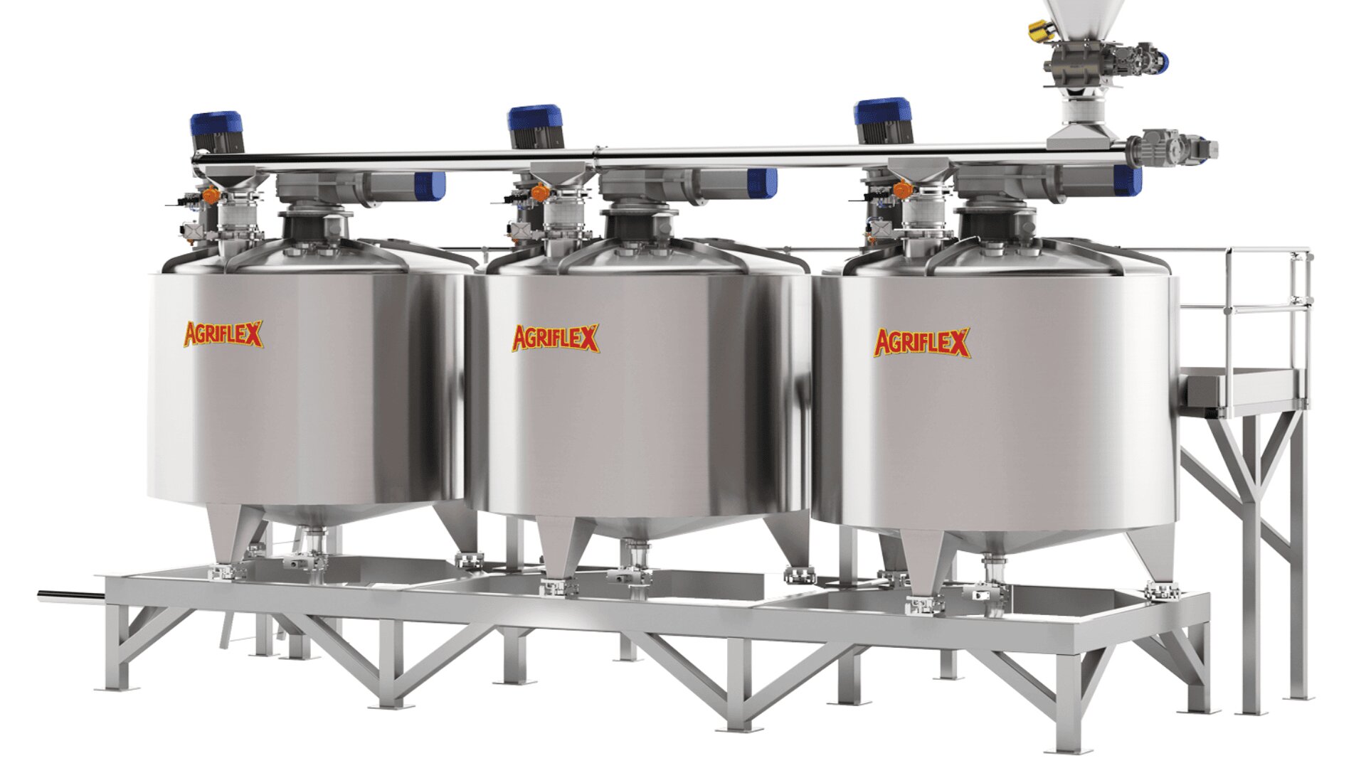 Three large stainless steel industrial tanks labeled AGRIFLEX are positioned side by side on a metal platform, connected by pipes and equipped with blue electric motors and a metal access staircase to the right.