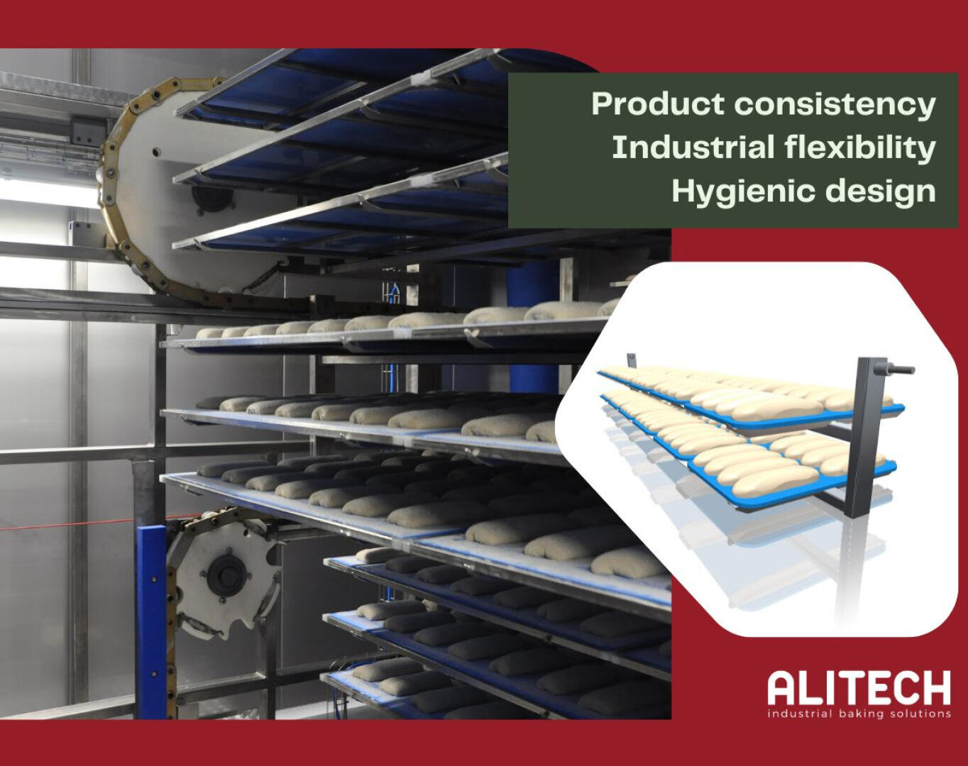 Multiple racks of dough rising in an industrial baking oven, with text promoting product consistency, industrial flexibility, and hygienic design. An inset image shows a close-up of the dough racks. Alitech logo displayed.