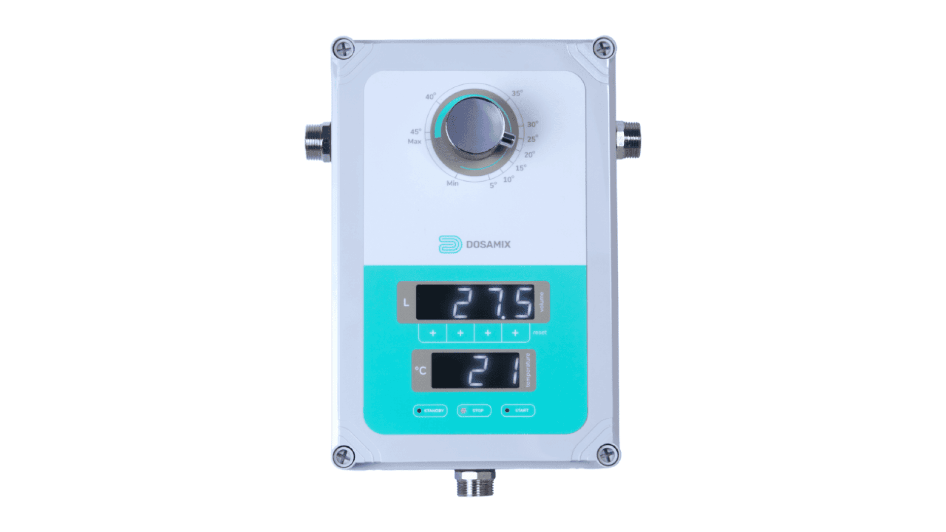 Ein rechteckiges elektronisches Bedienfeld mit einer Skala an der Oberseite, digitalen Temperaturanzeigen von 27,5 und 21 und der Aufschrift DOSAMAX auf weißem Hintergrund.