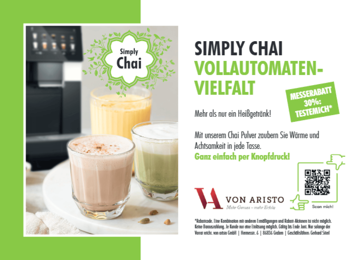 Four glasses of chai drinks in different colors sit on a table beside a coffee machine. Text promotes Simply Chai with a 30% discount offer, highlighting the ease of preparing chai using an automatic machine.