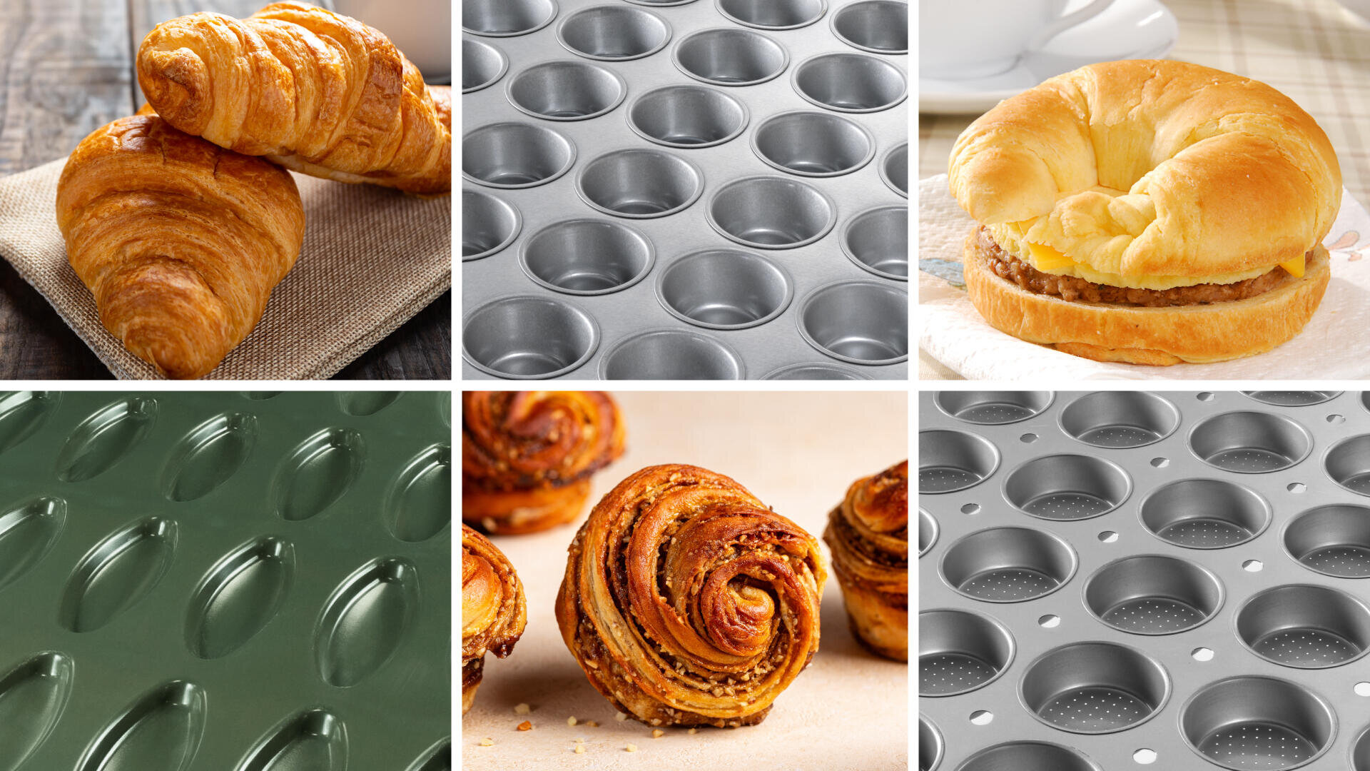 Eine Collage aus Croissants, einem Croissant-Sandwich und Gebäckwirbeln, abwechselnd mit Nahaufnahmen verschiedener Arten von silbernen Metallbackformen.