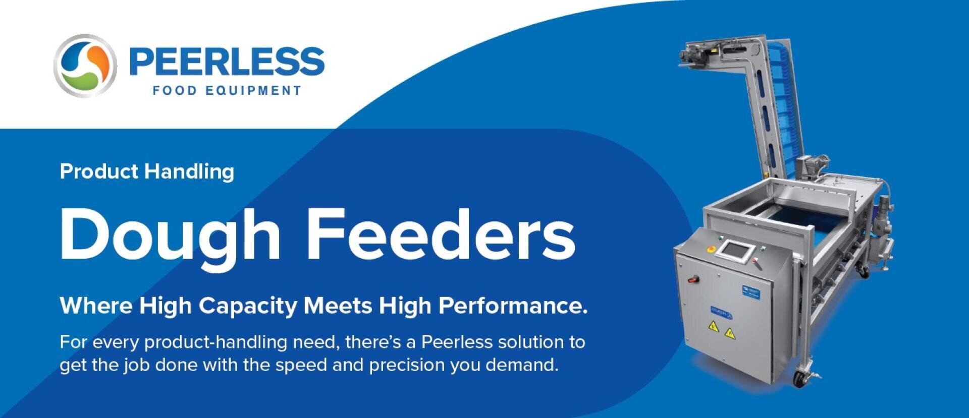 A promotional banner for Peerless Food Equipment featuring a stainless steel dough feeder machine on the right and text highlighting Dough Feeders: Where High Capacity Meets High Performance.