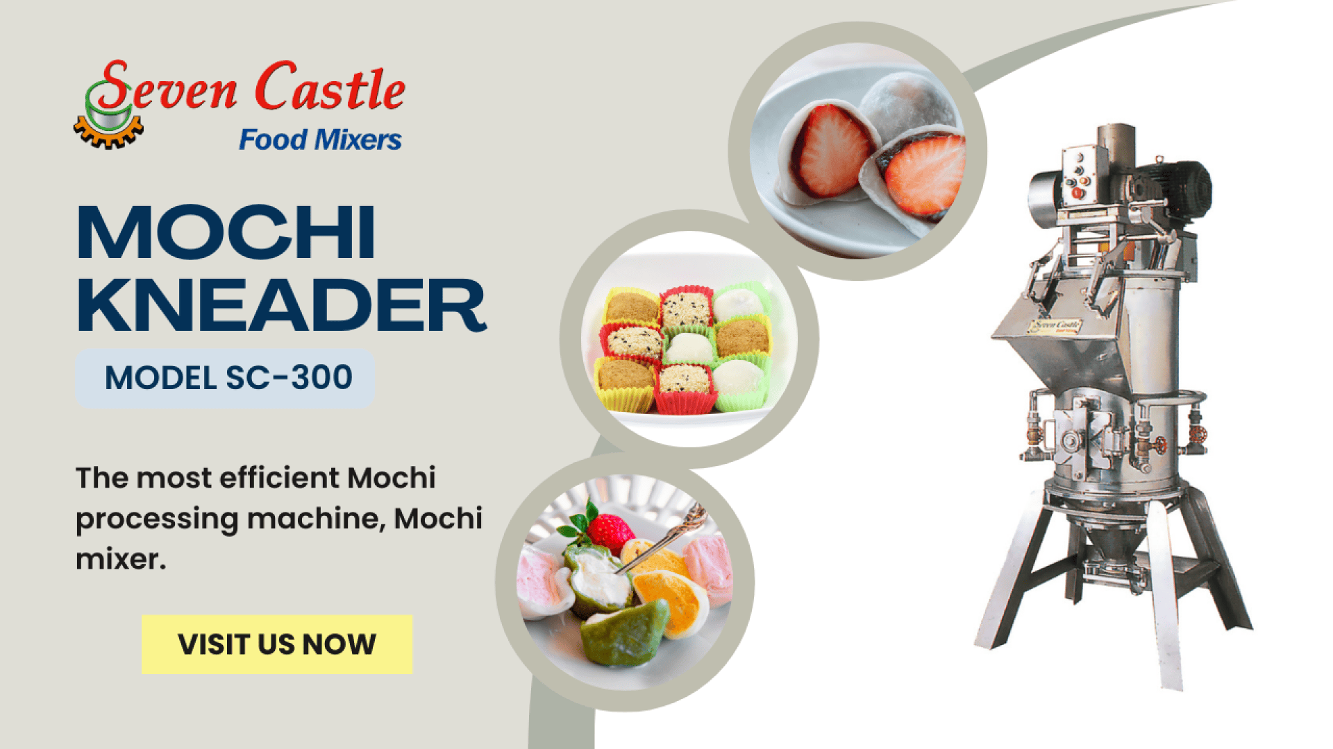 Promotional image for Seven Castle Food Mixers featuring the Mochi Kneader Model SC-300, with photos of mochi desserts and the kneader machine. Text highlights efficiency and includes a Visit Us Now button.