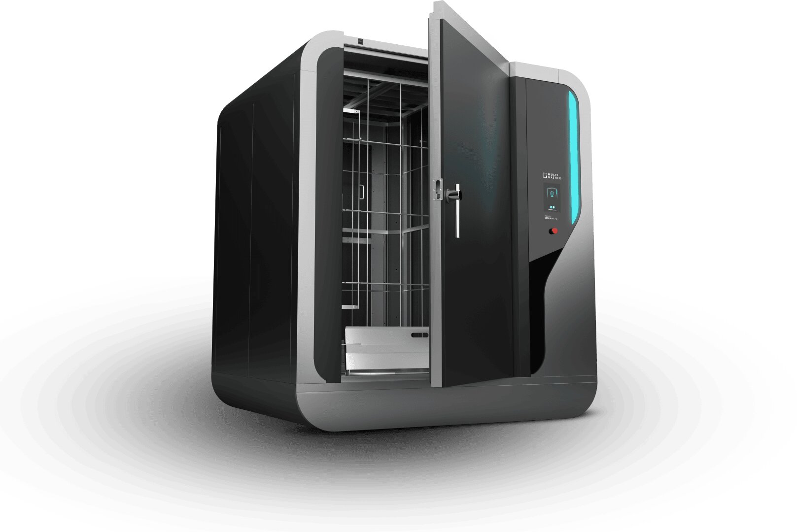 A sleek, modern black booth with one door open, revealing a shiny metallic interior and control panel on the front, possibly a privacy pod or soundproof work booth on a white background.