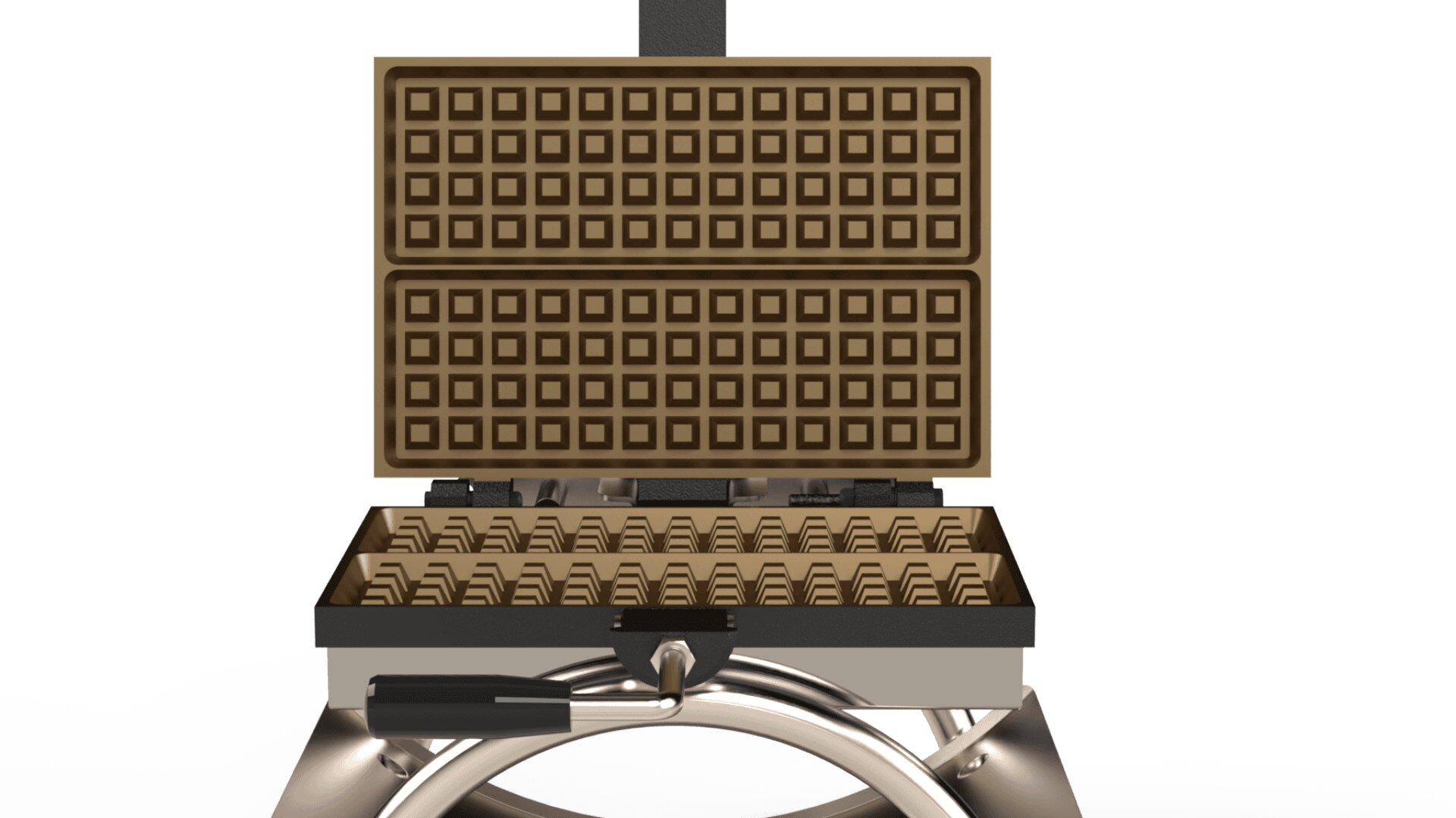 A close-up of an open waffle maker with a rectangular grid pattern on both the top and bottom plates, ready for batter. The appliance is shown against a plain white background.
