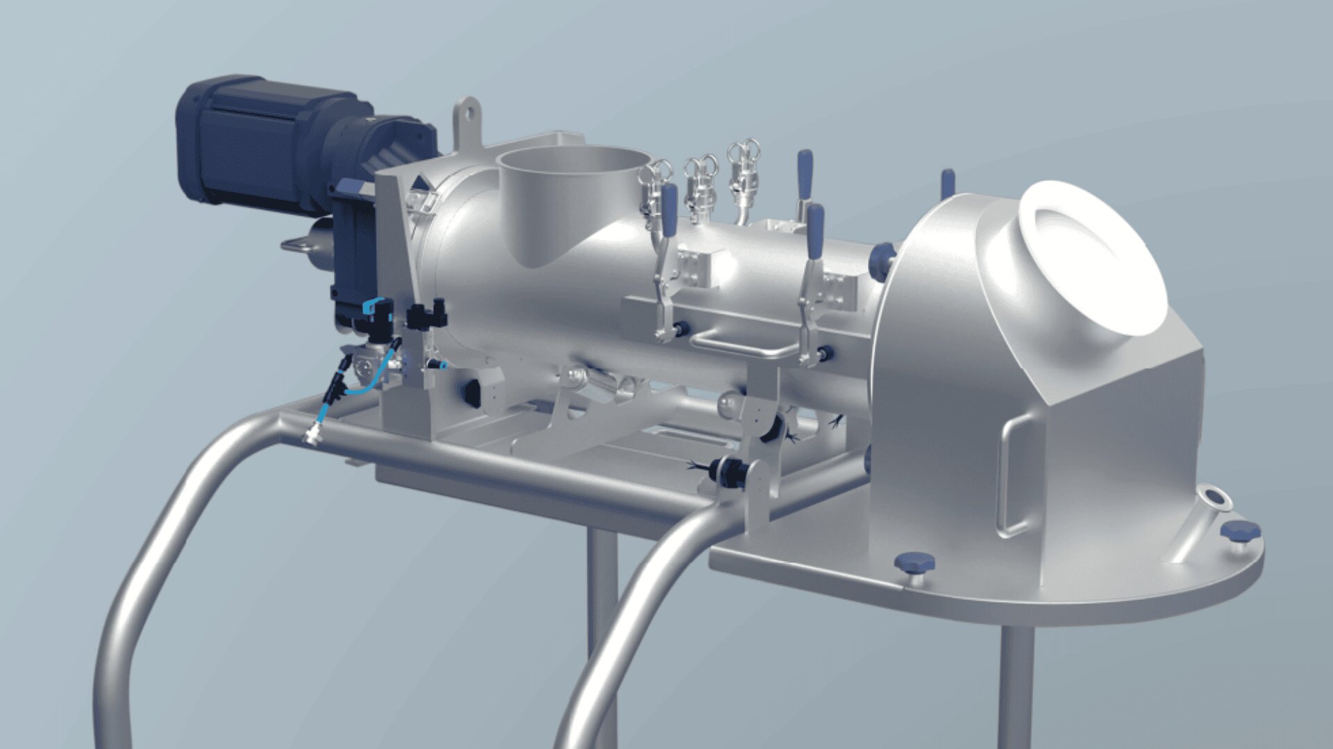 A metallic industrial machine with various valves, pipes, and a motor, mounted on a frame with rounded edges, set against a plain light blue background.