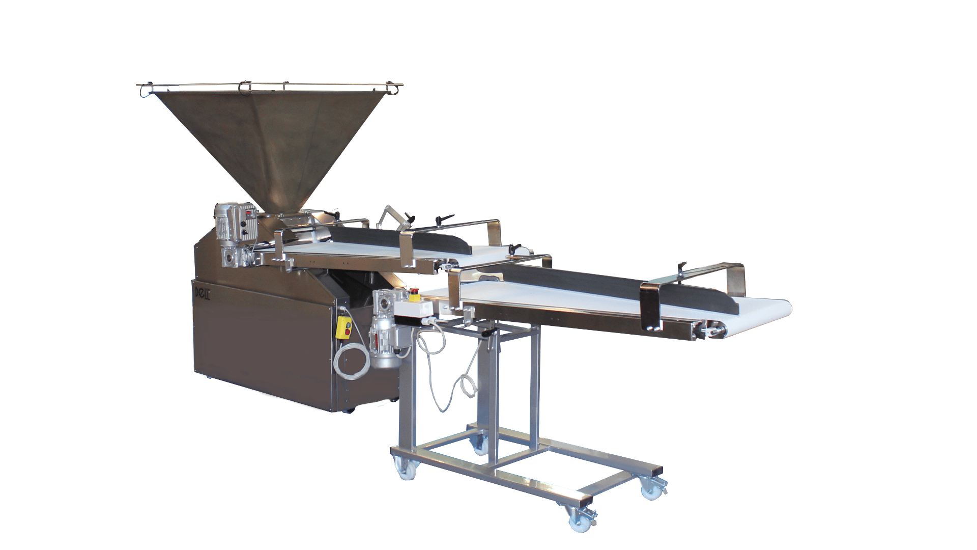A large industrial food processing machine with a metal hopper, conveyor belts, and a steel frame on wheels, designed for automated production tasks. The background is plain white.