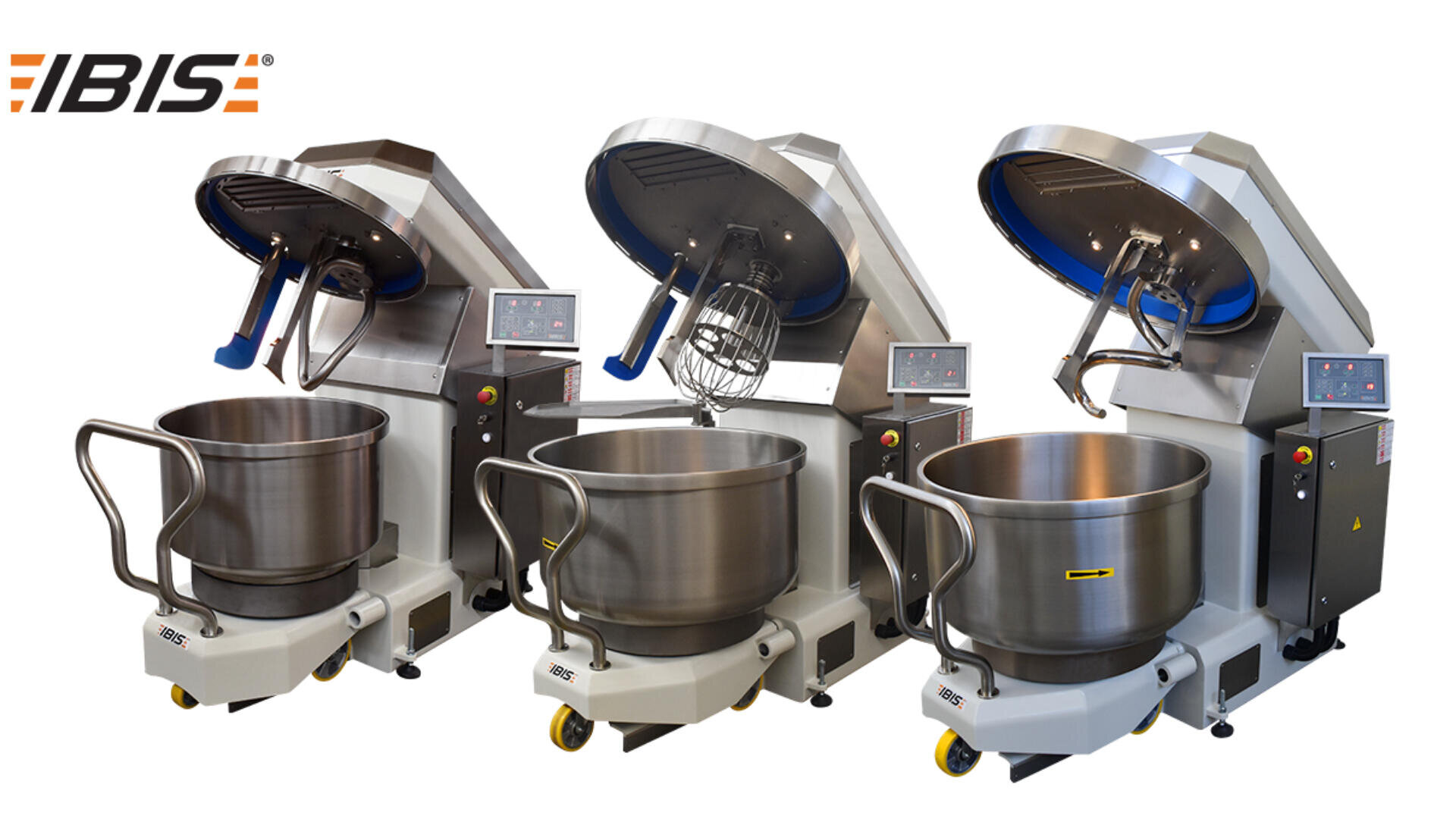 Three large industrial dough mixers with open lids and control panels are displayed side by side on a white background. The IBIS logo appears in the top left corner of the image.
