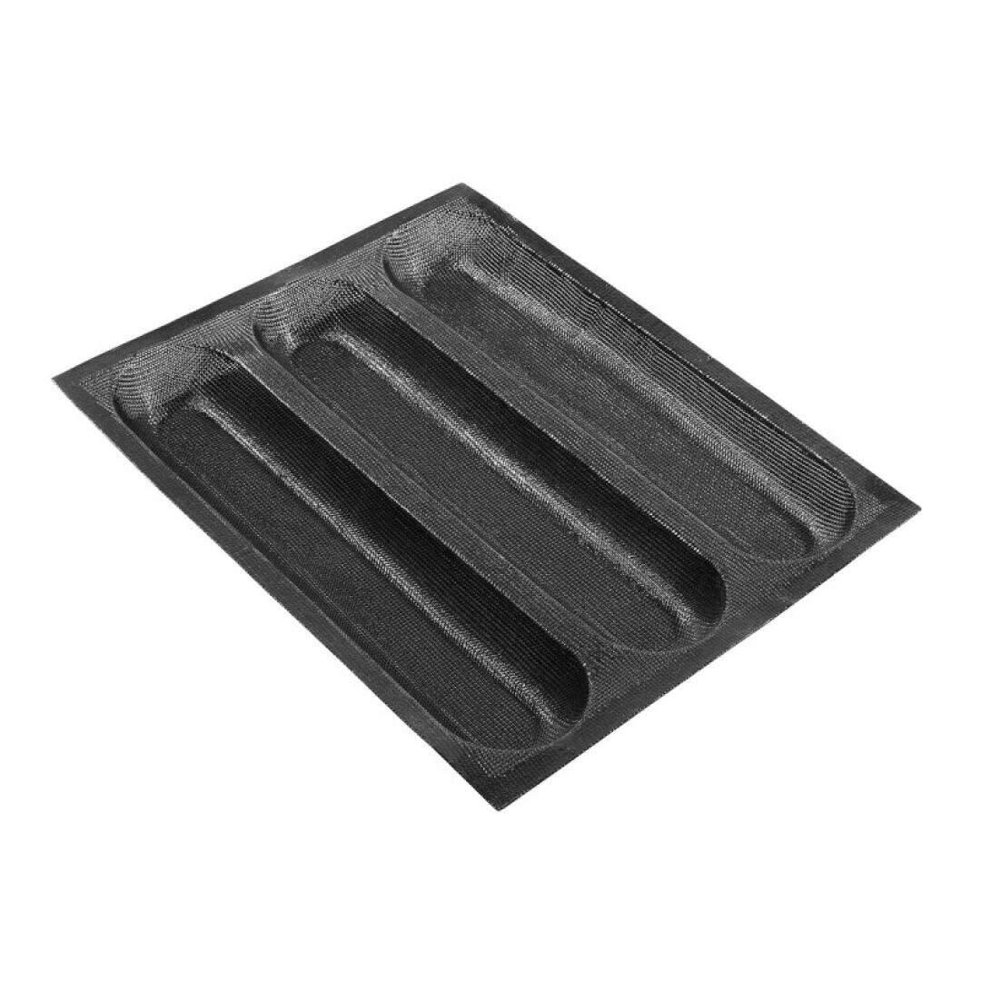 A black, rectangular baking tray with three long, curved slots for baking baguettes. The tray has a textured surface and is shown on a white background.