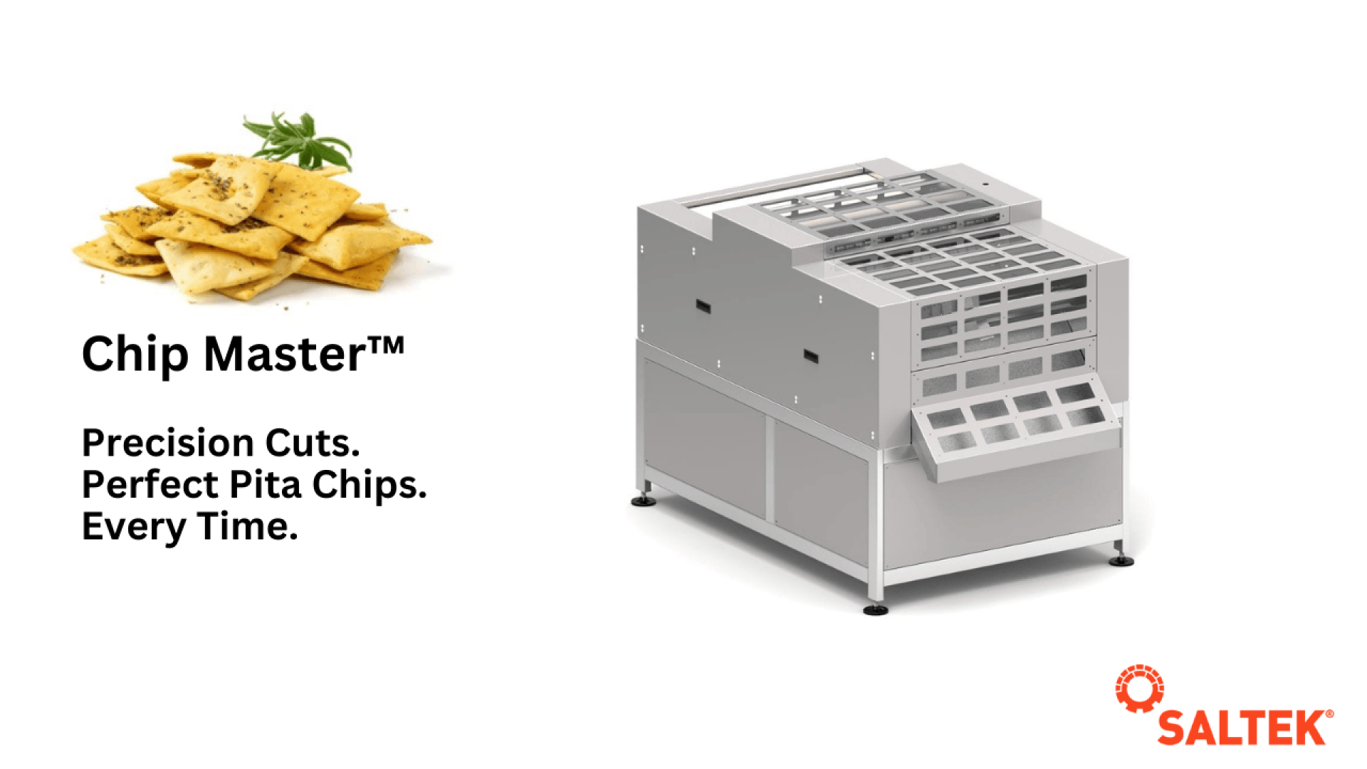 A plate of pita chips is shown next to a stainless steel industrial chip cutting machine. Text reads: Chip Master™. Precision Cuts. Perfect Pita Chips. Every Time. The SALTEK logo is at the bottom right.
