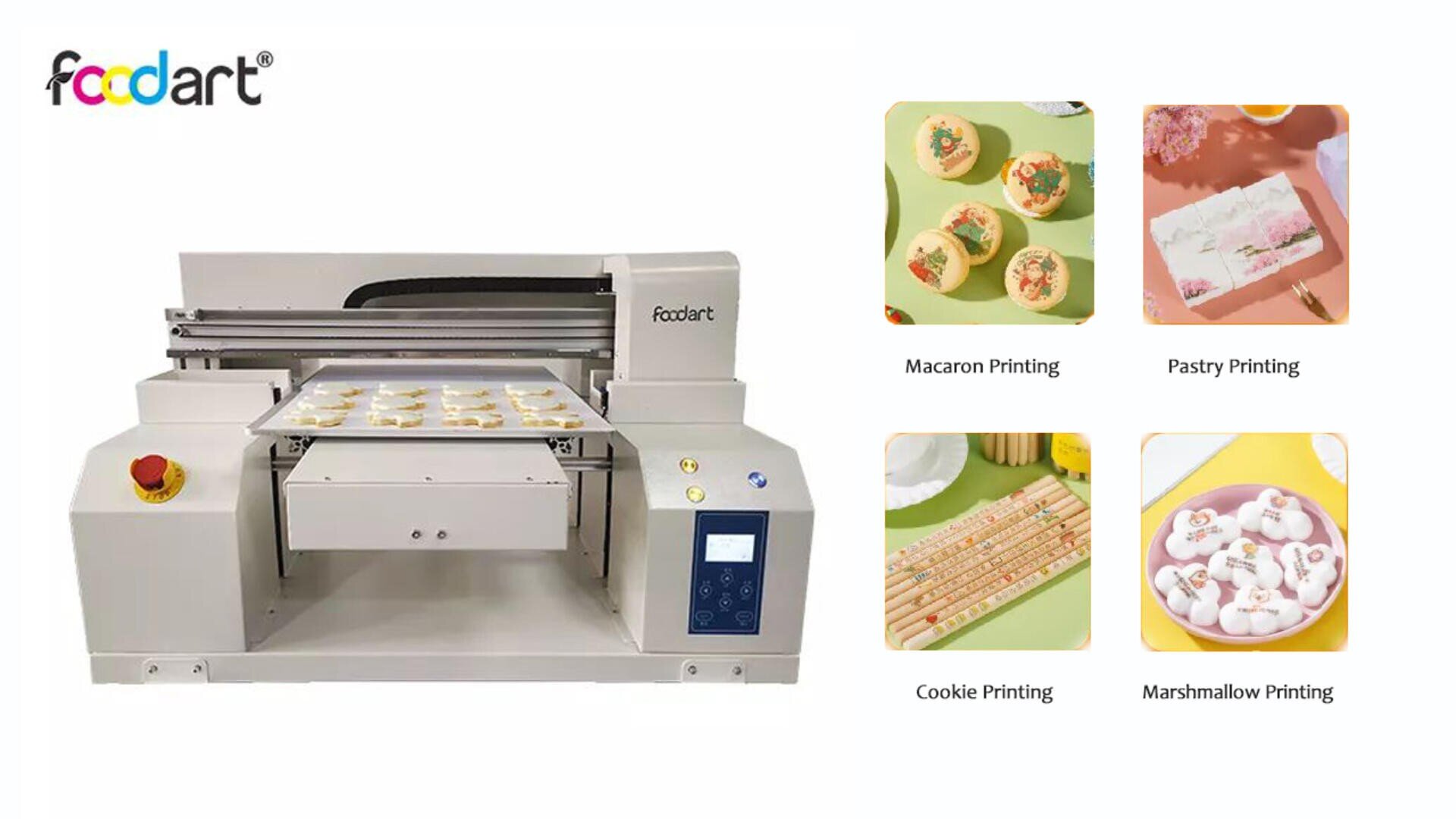 A food printer labeled foodart prints on cookies, with examples of macaron, pastry, cookie, and marshmallow printing shown on the right in small labeled images.