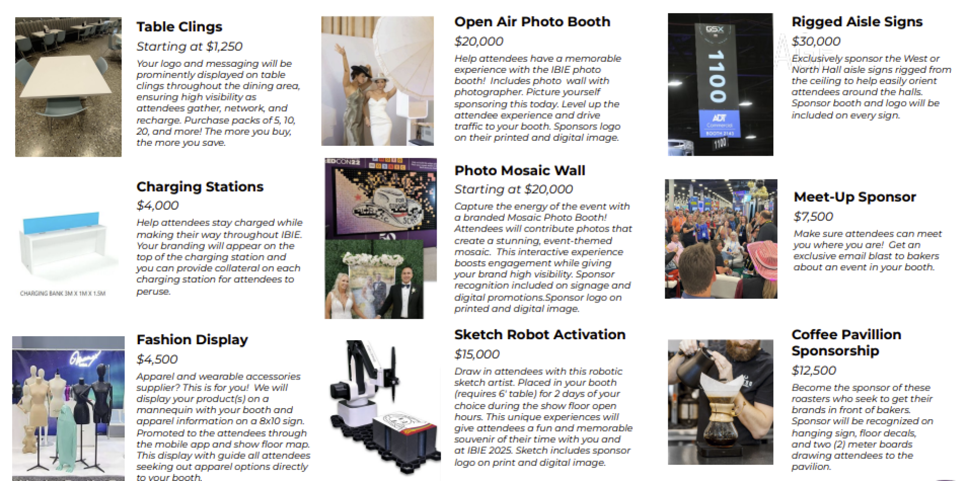 A promotional flyer displays sponsorship options for an event, with images and descriptions for items such as table clings, photo booth, aisle signs, charging stations, mosaic wall, sketch robot, meet-up sponsor, fashion display, and coffee pavilion.