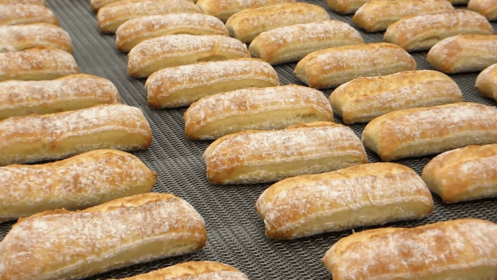 Rows of freshly baked, golden-brown bread rolls covered with a light dusting of flour are lined up on a black mesh conveyor belt, likely in a commercial bakery setting.