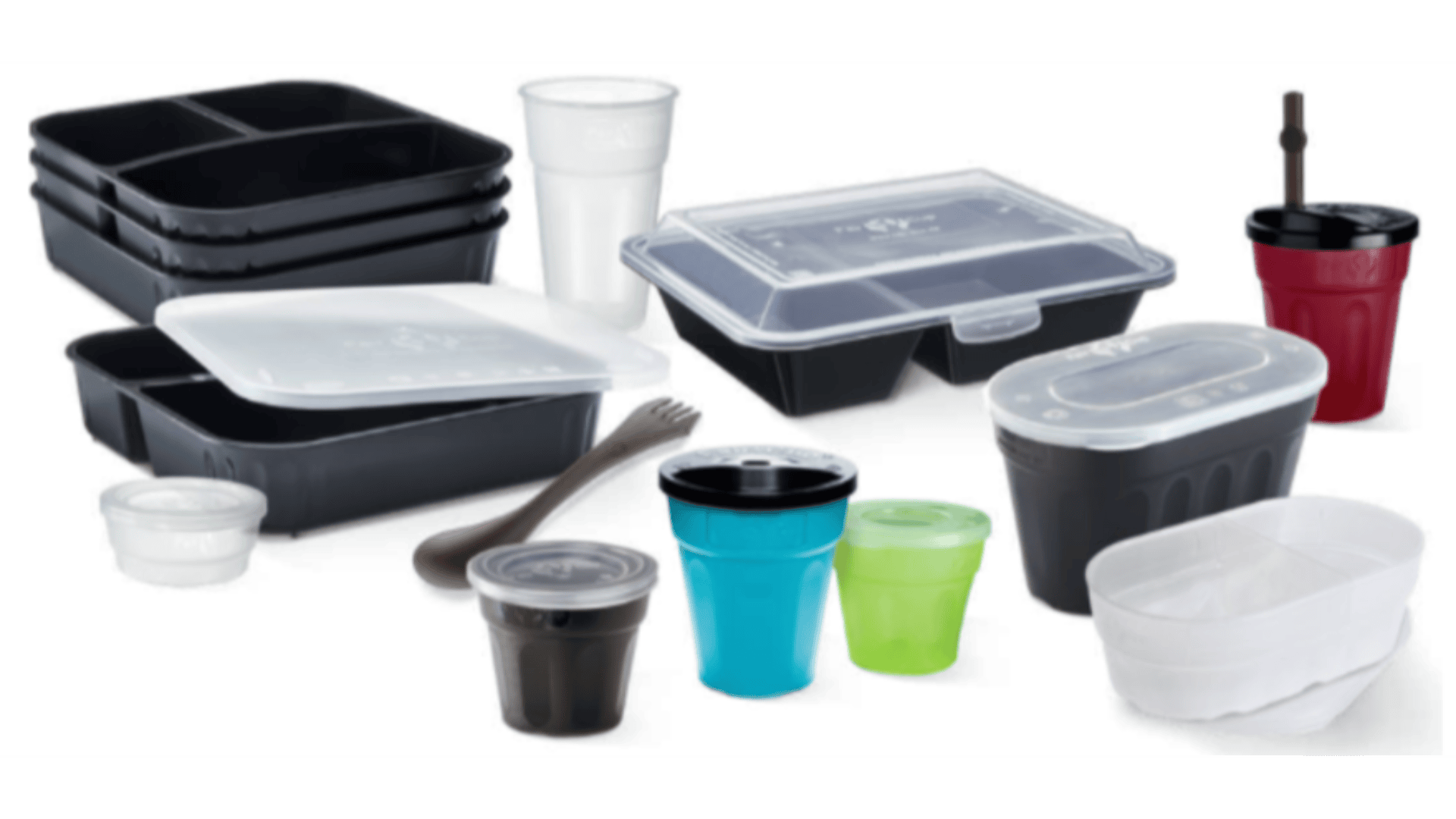 Assorted disposable plastic food containers, cups, lids, and utensils in various sizes and colors, arranged on a white background.