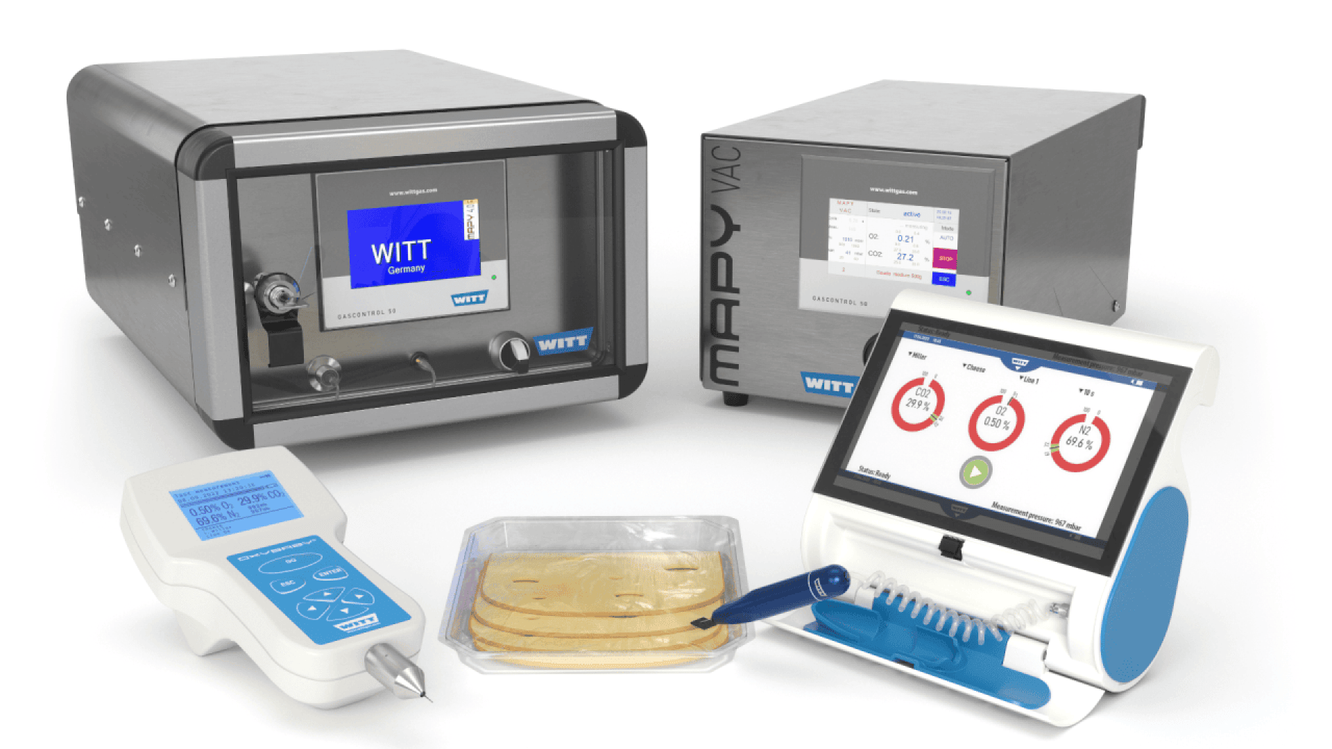 A set of laboratory instruments including gas analyzers, a digital control panel, packaged food samples, and handheld testing devices, all arranged on a white surface.