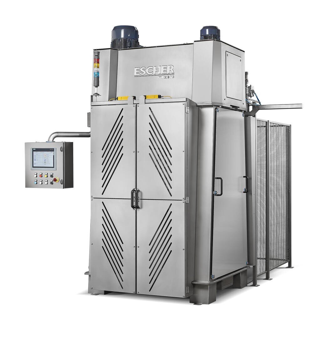 Large industrial stainless steel machine with vented doors, control panel on the left side, and two motors on top; labeled ESCHER. Likely used for commercial food processing or baking in factories.