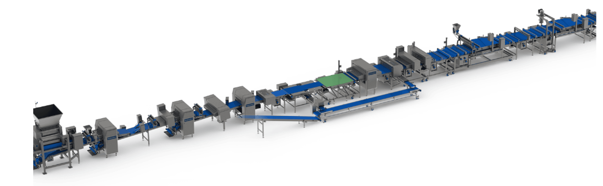 A long, automated industrial food processing line with interconnected machines, conveyor belts and workstations, mainly in blue and silver colors, designed for efficient mass production and packaging.