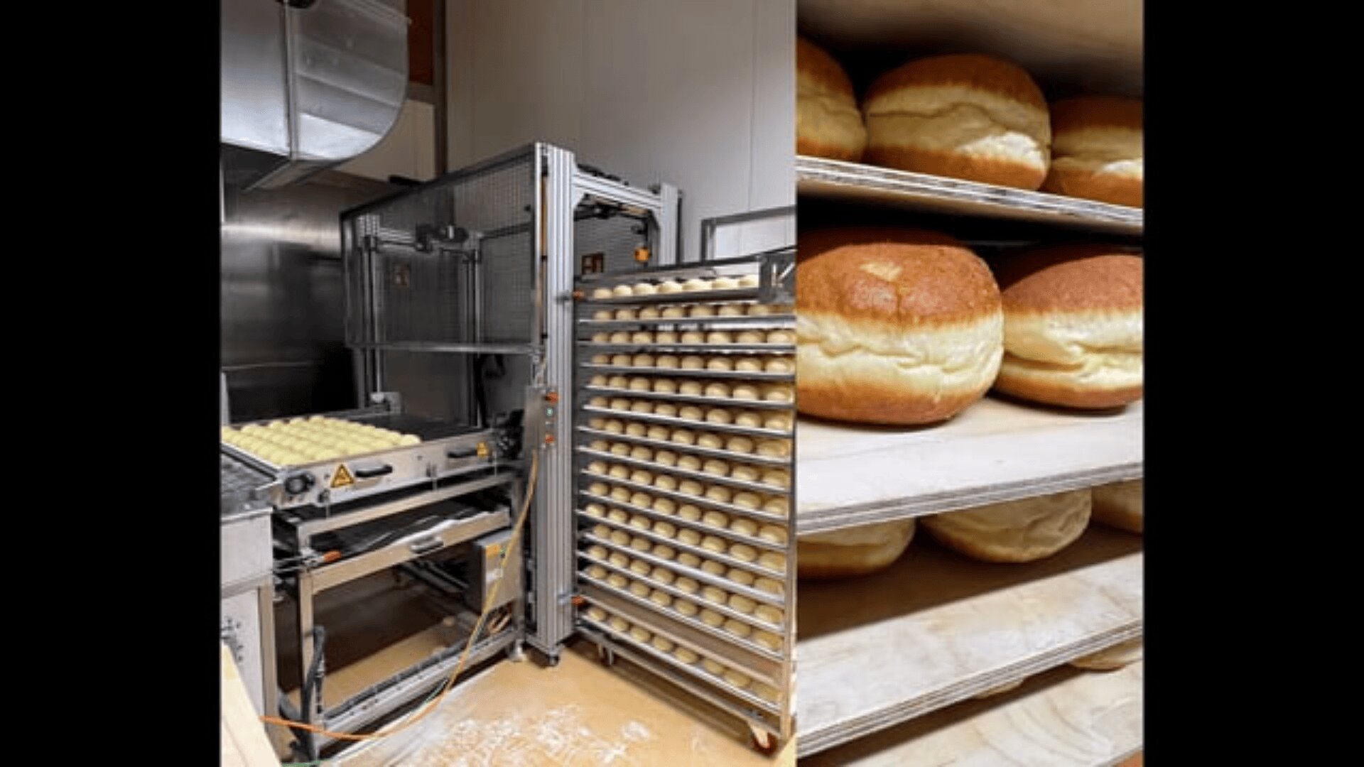 Eine Großbäckerei zeigt eine Maschine neben einem hohen Regal voller Bleche mit rundem Teig und frisch gebackenen Brötchen. Die Nahaufnahme rechts zeigt goldbraune, fluffige Brötchen auf Metallregalen.