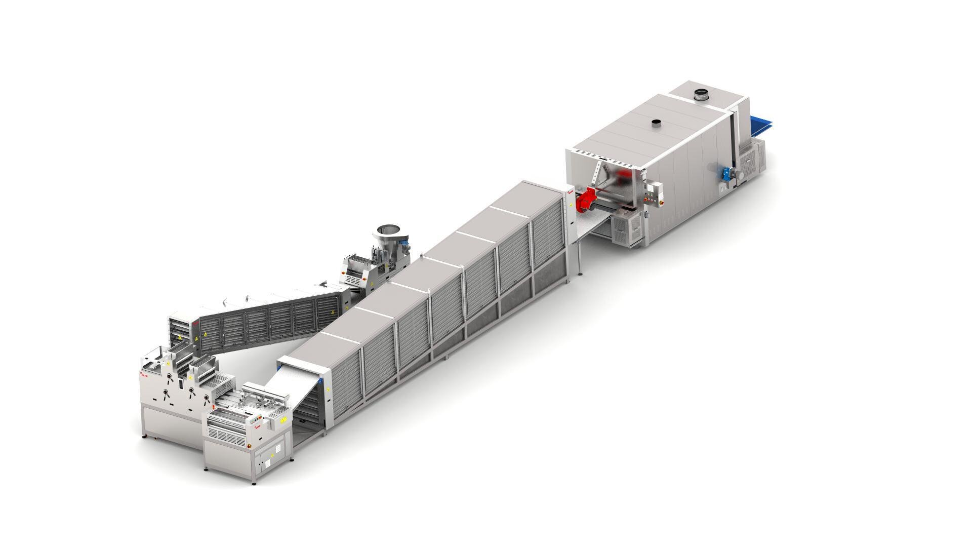 Isometric view of industrial food processing machinery featuring conveyor belts, control panels, a feeder unit, and an enclosed chamber, all made of stainless steel, set against a white background.