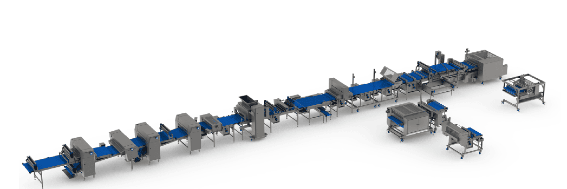 Eine große, automatisierte Fertigungsstraße für die Lebensmittelverarbeitung mit mehreren Maschinen aus Edelstahl, die durch blaue Förderbänder miteinander verbunden sind, vor einem weißen Hintergrund.