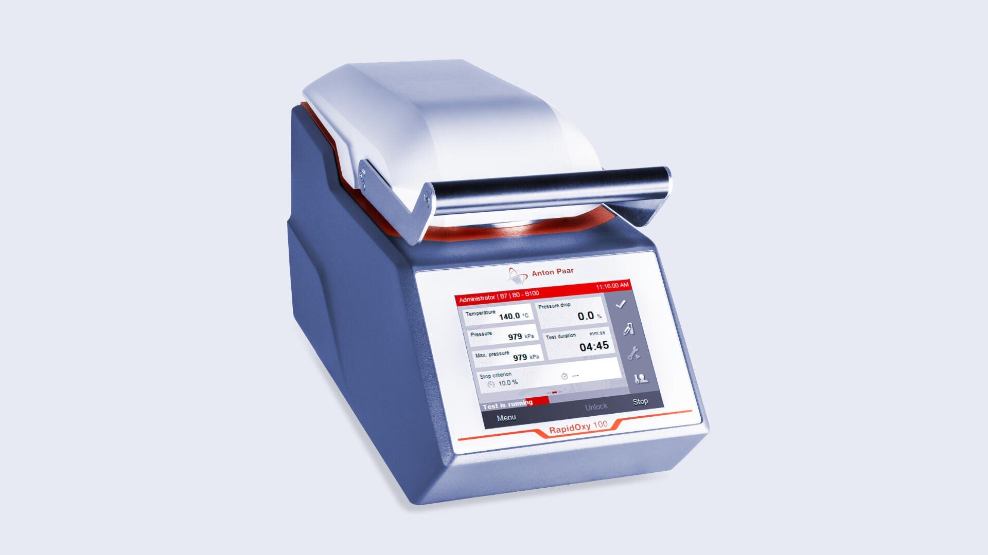 A medical device with a touchscreen display showing test results, housed in a blue and white casing, labeled Respiratory 120 on the bottom front panel.
