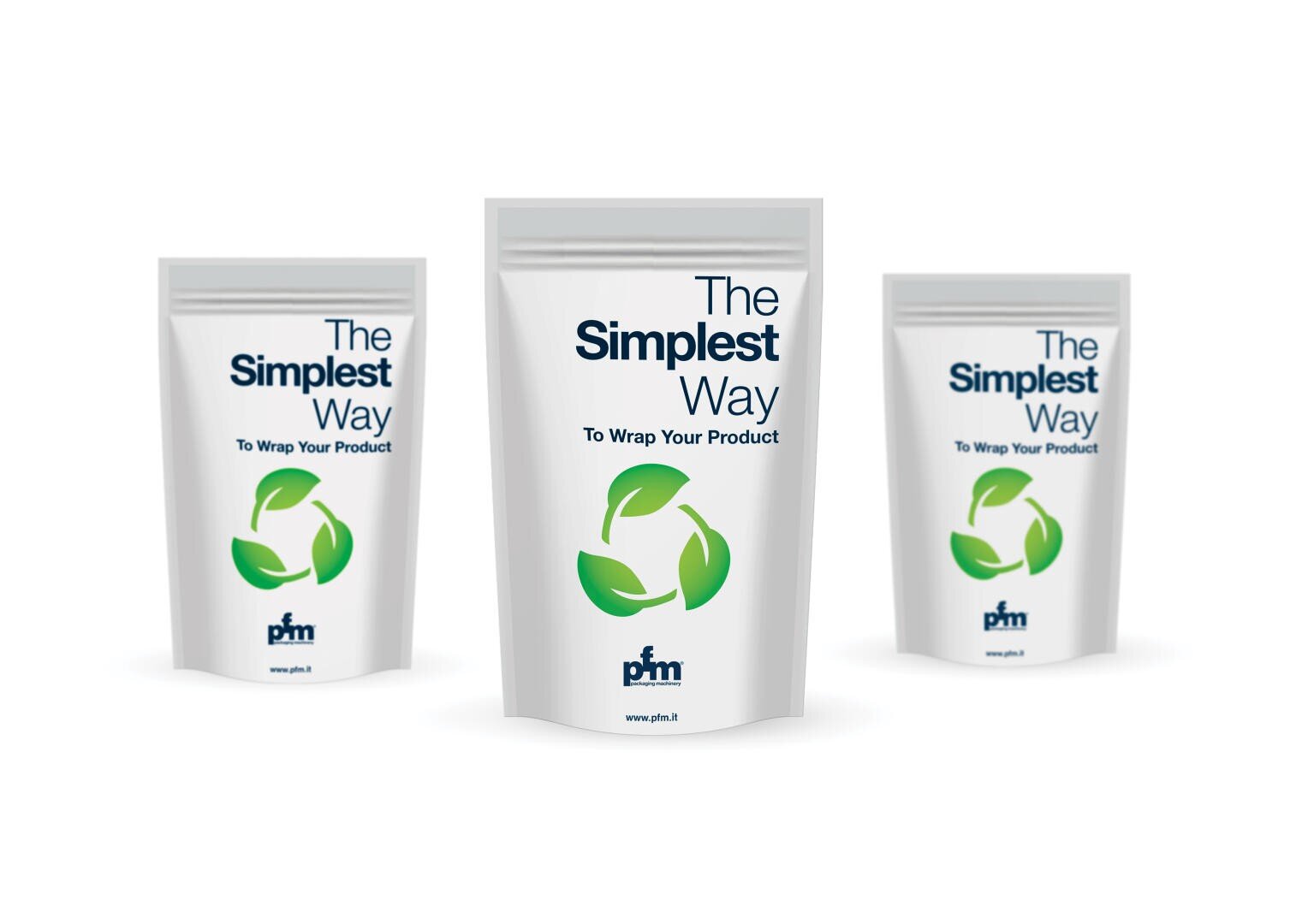 Three white product pouches with green leaf recycling symbols and the text The Simplest Way to Wrap Your Product printed on them, displayed on a white background.