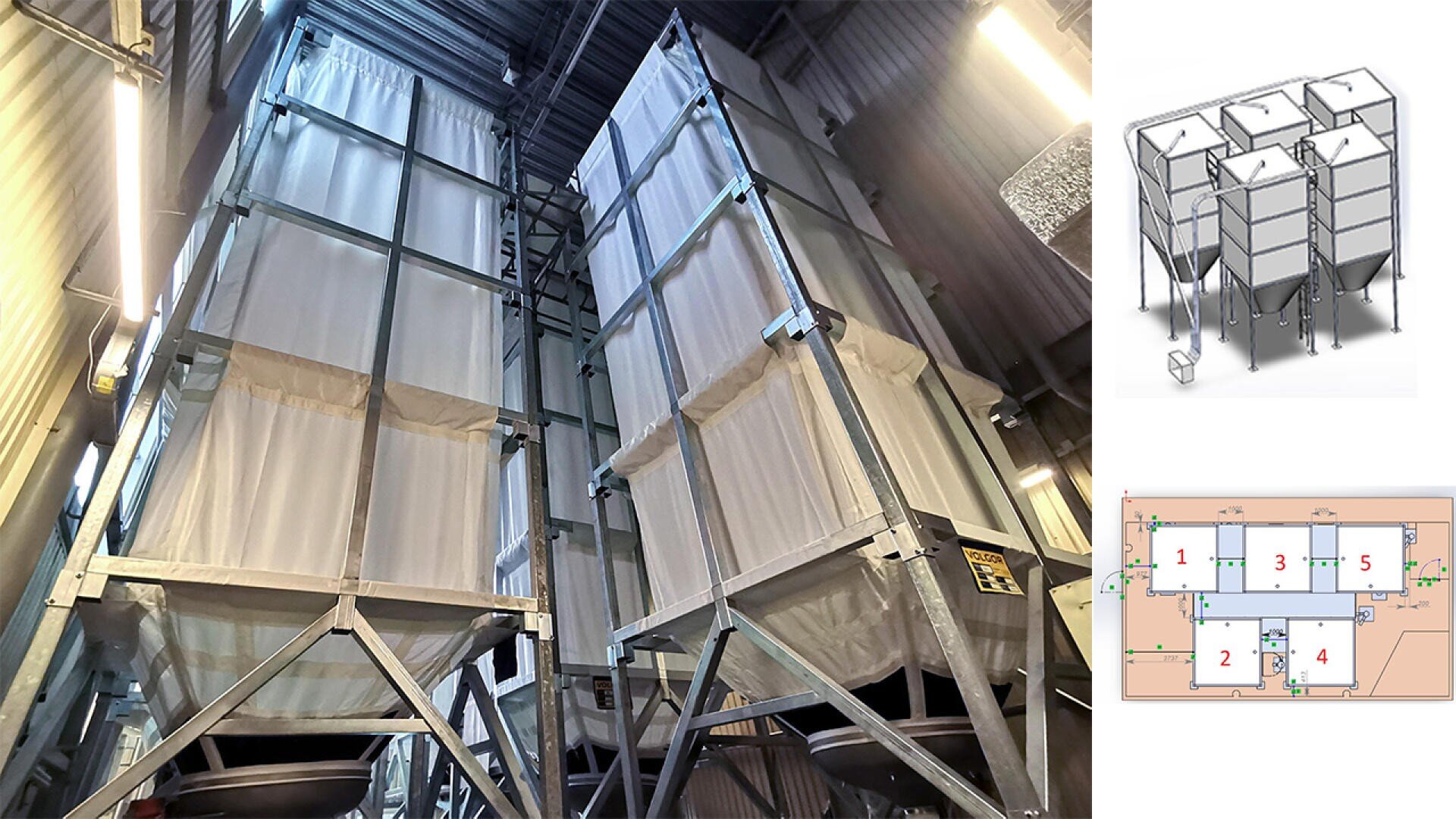 Large white industrial fabric silos on metal frames in a factory setting, with an engineering diagram and a floor plan for a six-silo storage system shown on the right side of the image.