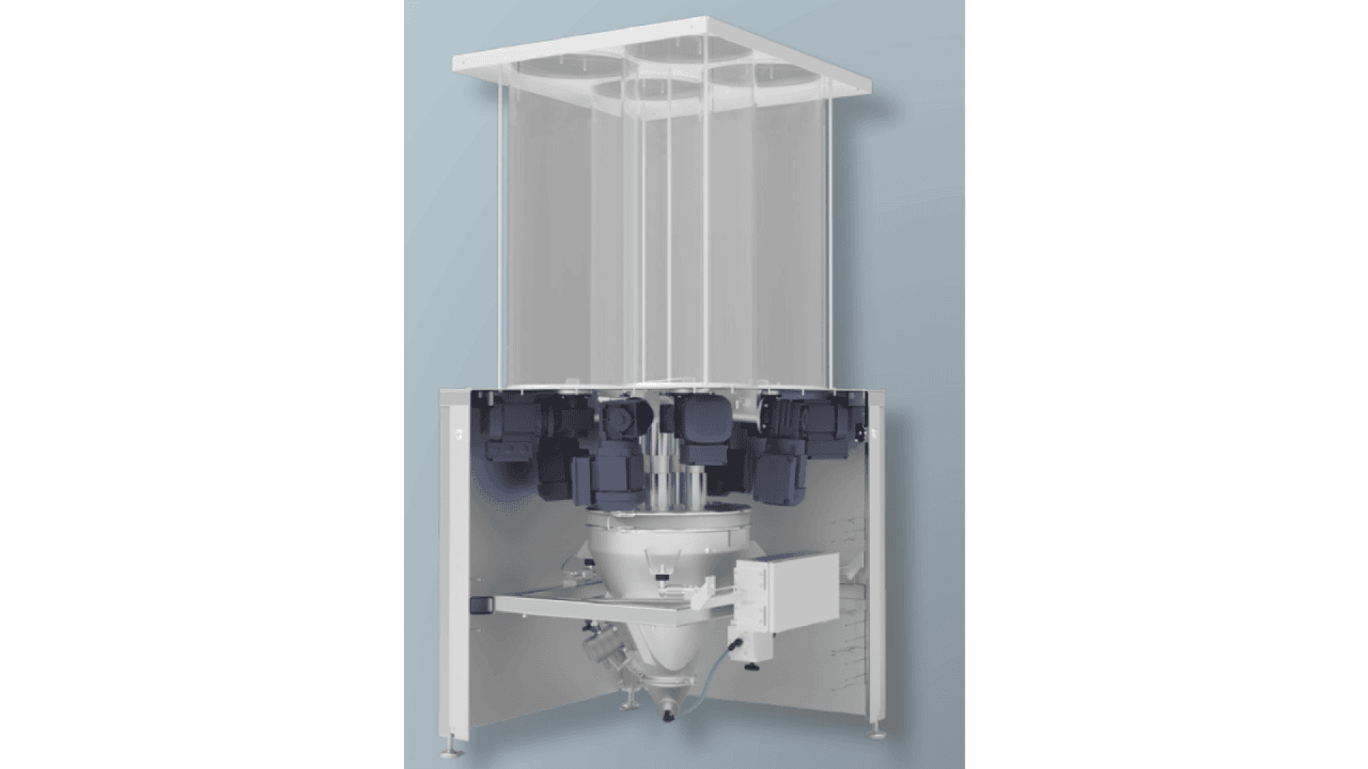 Industrial machine with a circular base, multiple dark rectangular components on top, and transparent tubes extending upward, set against a light blue background.