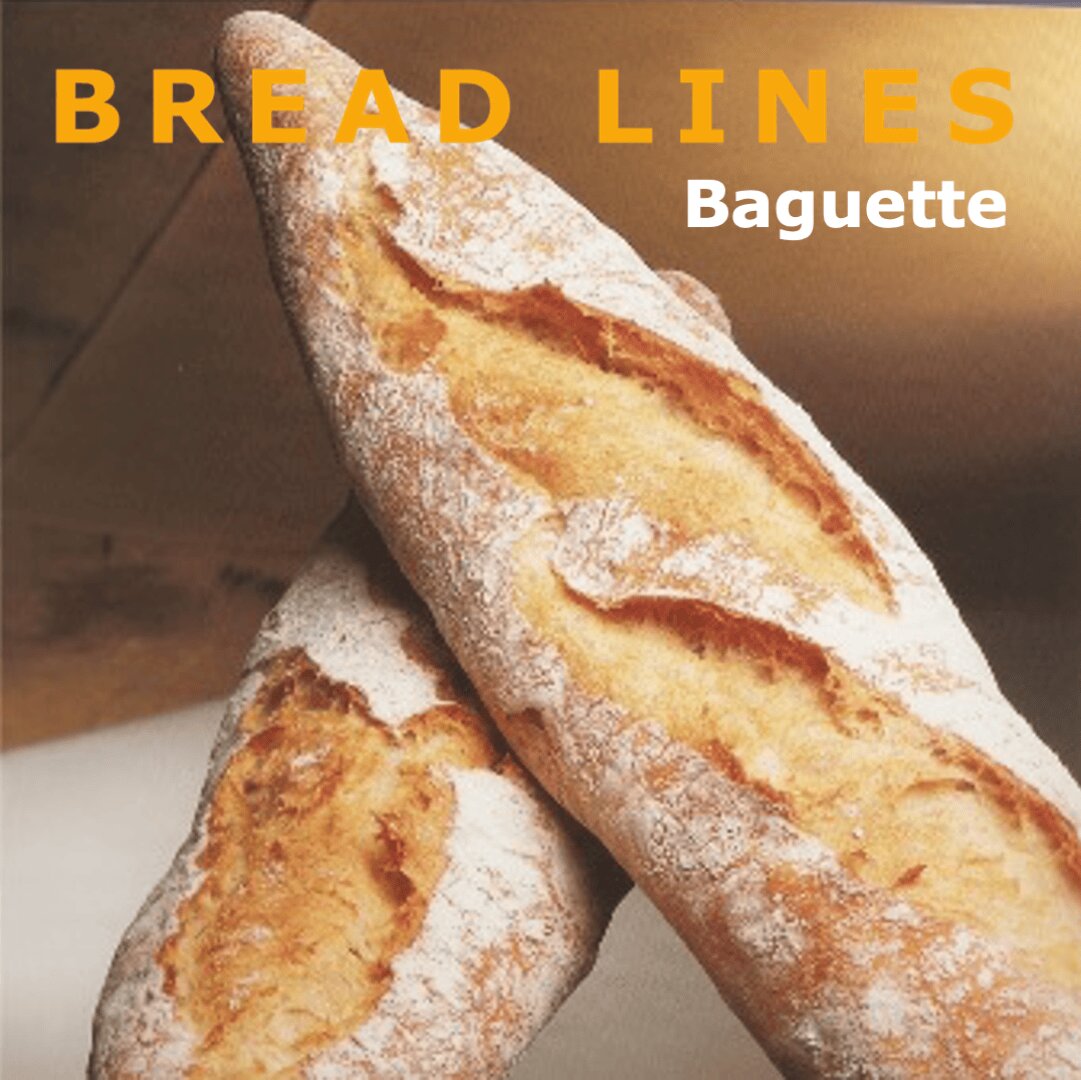 Two crusty baguettes with golden, textured surfaces and dusted with flour. The words BREAD LINES appear in large orange text above, and Baguette in white text to the right.