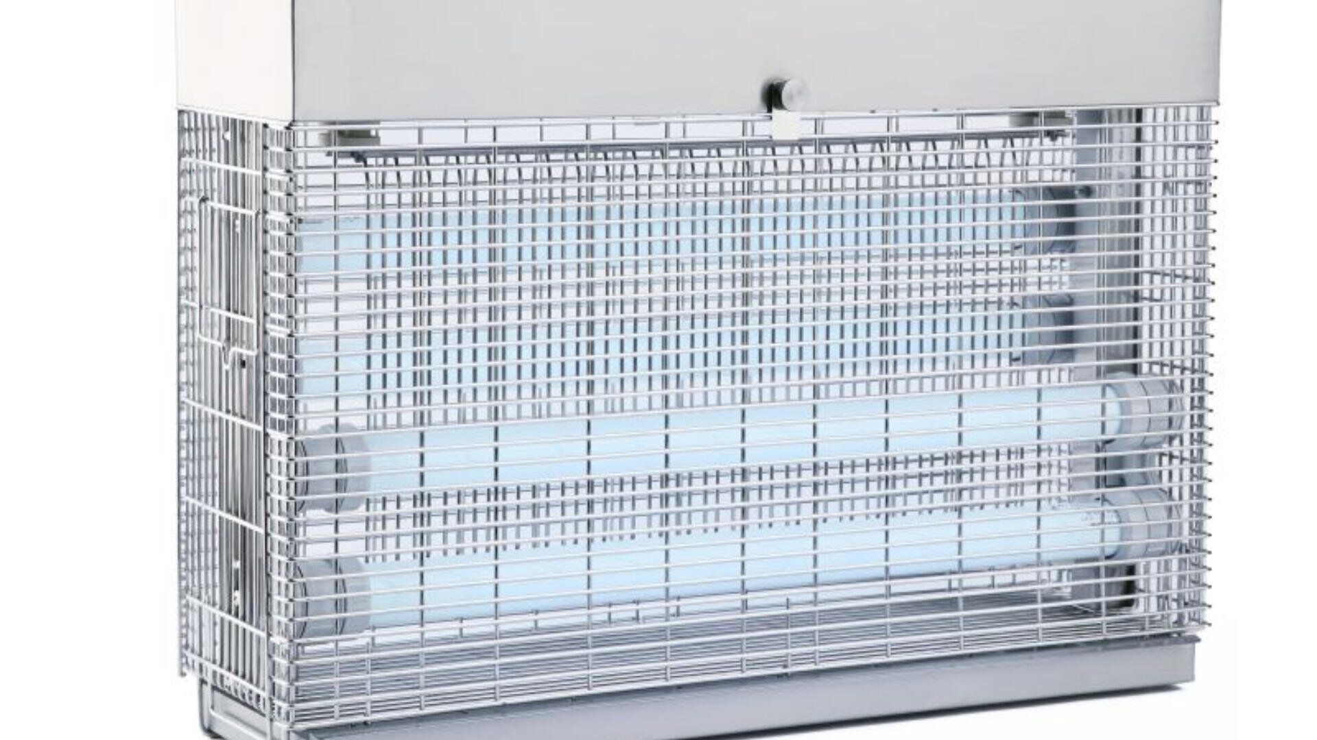 A rectangular electric insect killer with a metal cage, visible fluorescent tubes inside, and a metallic top and base.