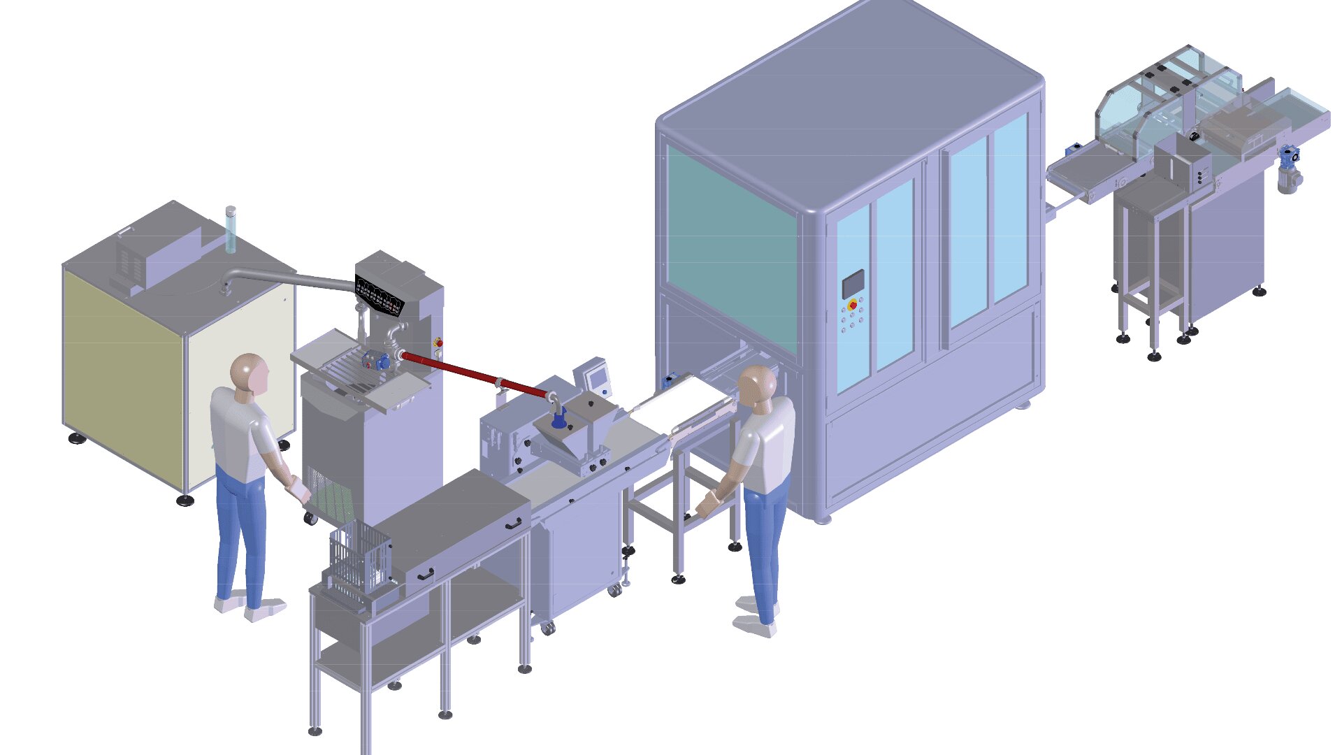 Illustration of an automated production line with conveyor belts, two workers operating different machines, and various equipment processing materials in a factory setting.