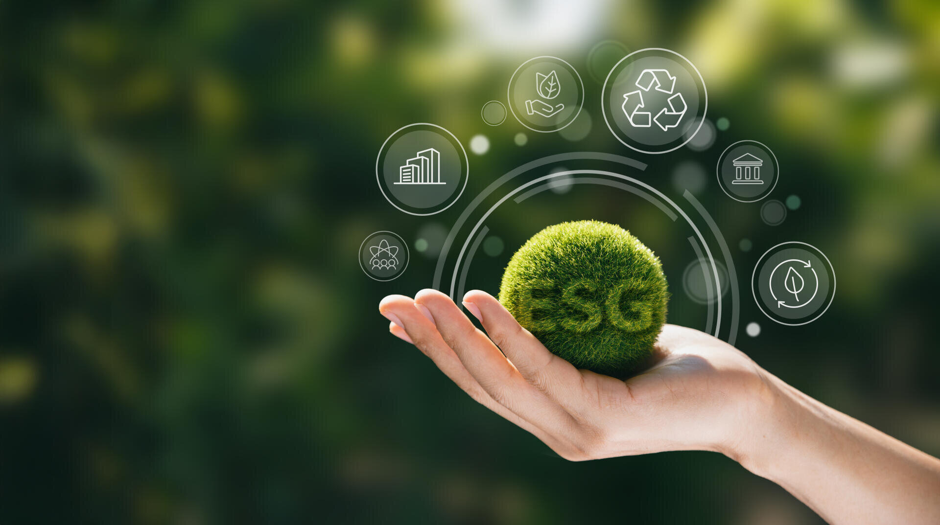 Eine Hand hält eine Kugel aus grünem Gras mit ESG darauf, umgeben von Symbolen aus den Bereichen Nachhaltigkeit und Finanzen, die vor einem unscharfen natürlichen Hintergrund Konzepte aus den Bereichen Umwelt, Soziales und Unternehmensführung symbolisieren.