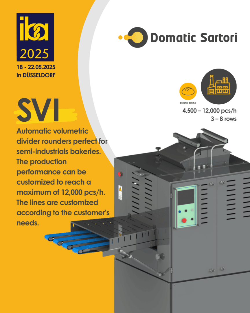 Promotional poster for Domatic Sartoris SVI divider rounder machine, featuring a photo of the machine and event info for IBA 2025 in Düsseldorf. Text highlights 4,500–12,000 pcs/h capacity and customizable bakery solutions.