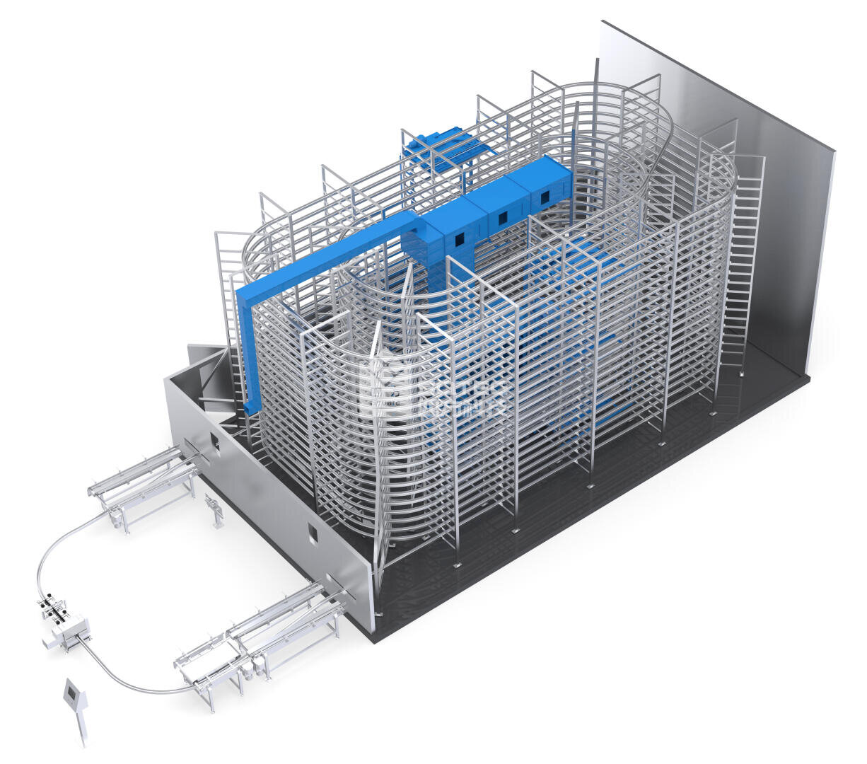 A 3D-rendered industrial spiral conveyor system with multiple metal spiral racks, a blue overhead mechanism, and conveyor belts connecting to entry and exit points on a gray platform.