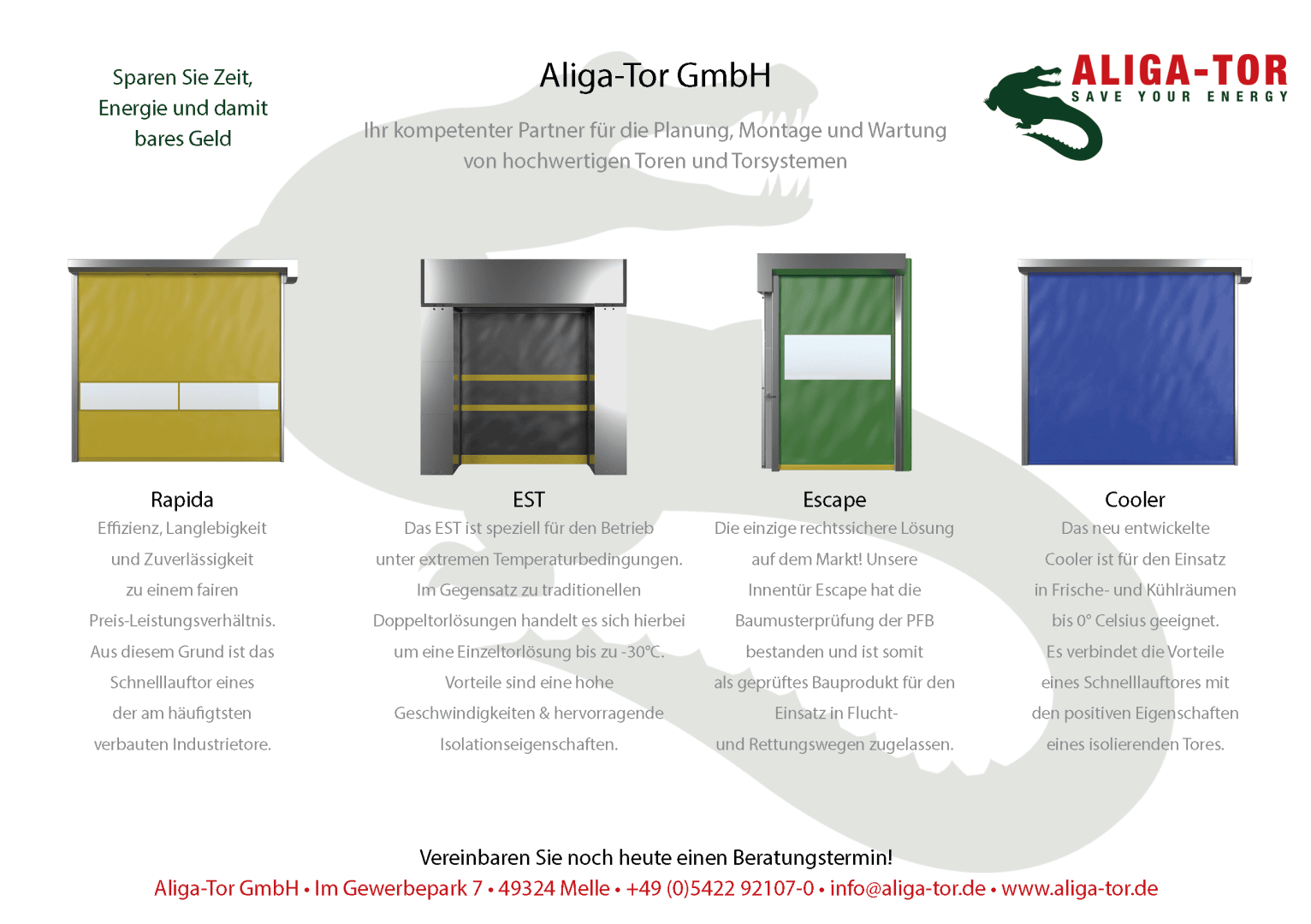 A German-language brochure for Aliga-Tor GmbH displays four types of industrial doors—Rapida, EST, Escape, and Cooler—with brief descriptions and company contact information. The Aliga-Tor logo is at the top right.