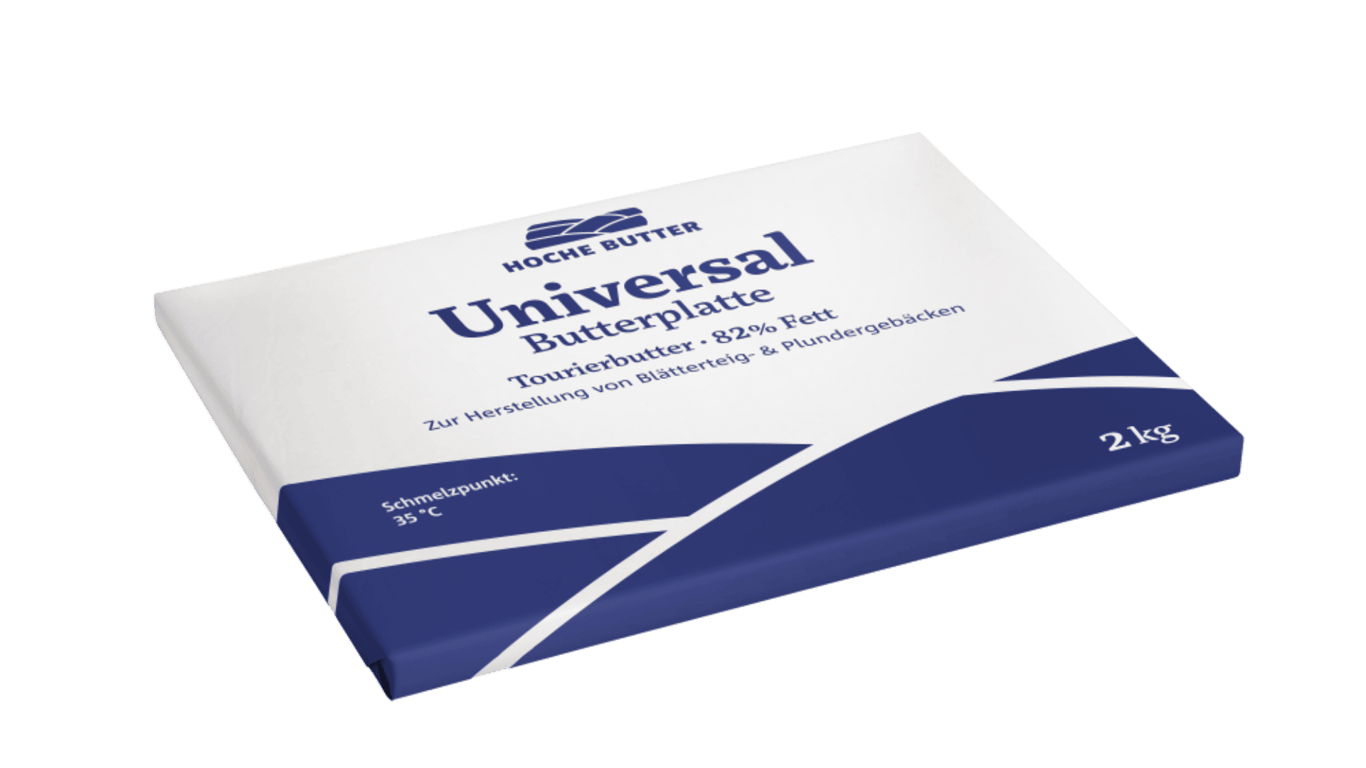 Eine 2 kg-Packung Hoche Butter Universal Butterplatte mit blau-weißer Verpackung und deutschem Text, die zum Backen von Gebäck geeignet ist.