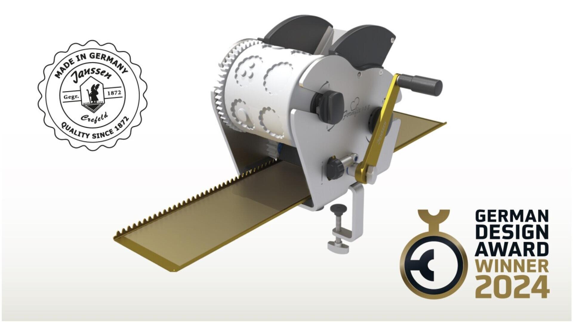 A mechanical device with a serrated conveyor and two spiked rollers is shown. A Made in Germany seal and the German Design Award Winner 2024 logo are displayed in the background.