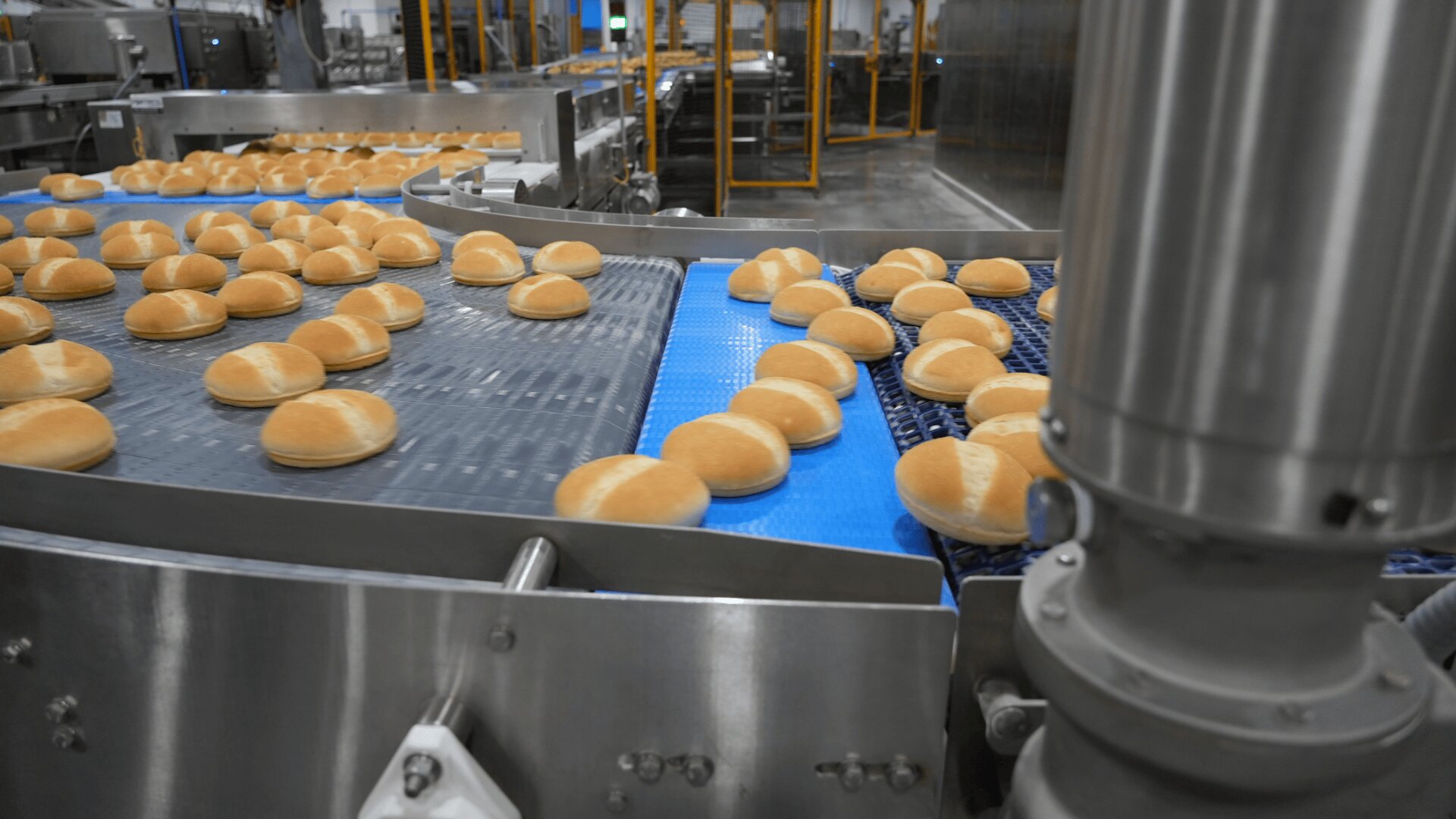 Fresh hamburger buns move along a conveyor belt in an industrial bakery, surrounded by stainless steel machinery and other baking equipment.