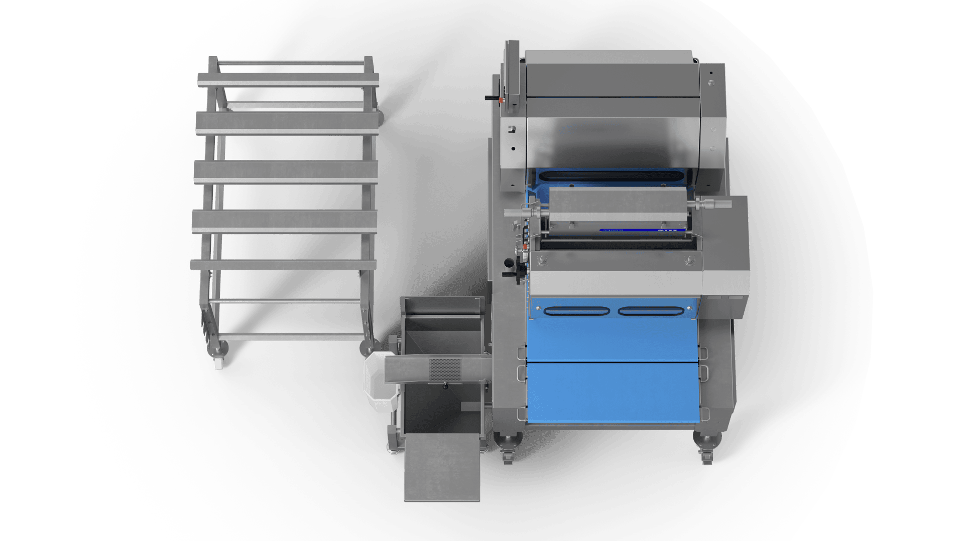 Overhead view of industrial food processing equipment with metal racks on wheels, a blue machine with rollers, and several compartments and trays attached, all on a white background.